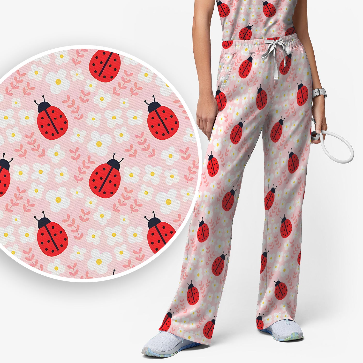 Cute Ladybug Blossom Print Scrub Set, Scrub Pants and V Neck Top