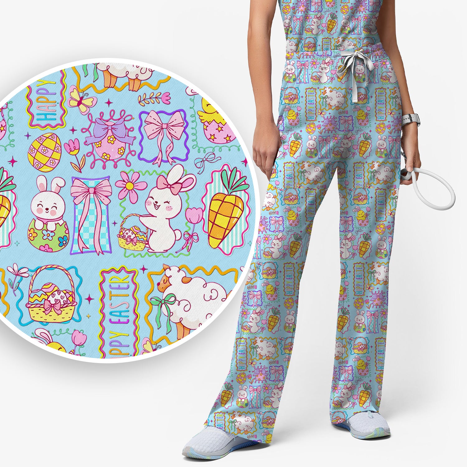 Cute Easter Bunny Egg and Bow Print Scrub Set, Scrub Pants and V Neck Top