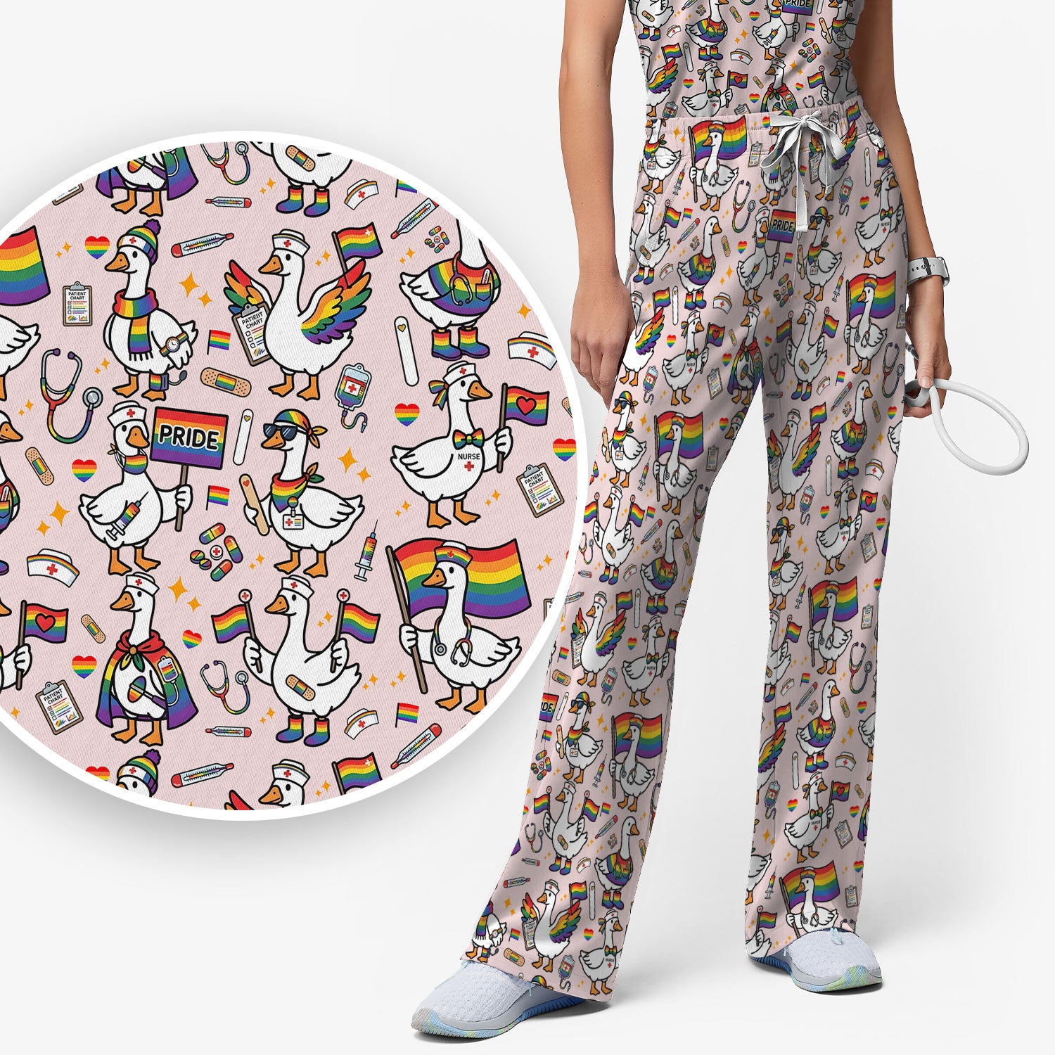 LGBT Pride Nurse Duck Pattern Scrub Set, Breathable Med Uniform