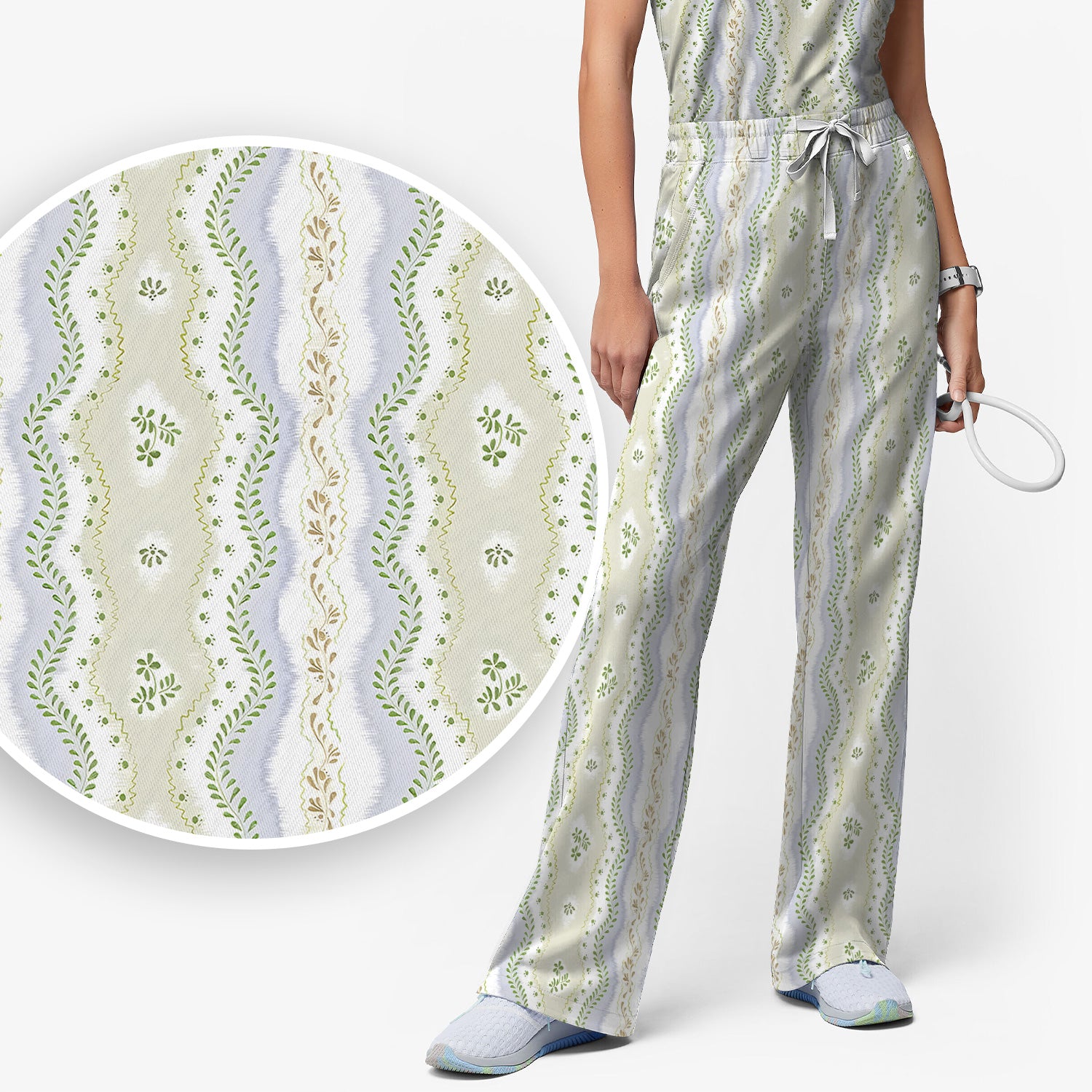 Wavy Stripe Botanical Pattern Scrub Set, Scrub Pants and V Neck Top