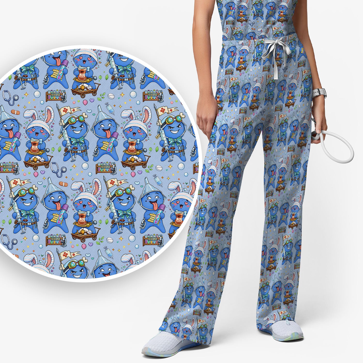 Cute Glove Doll Hospital Medical Cartoon Nurse Pattern Scrub Set, Women's Scrub Sets