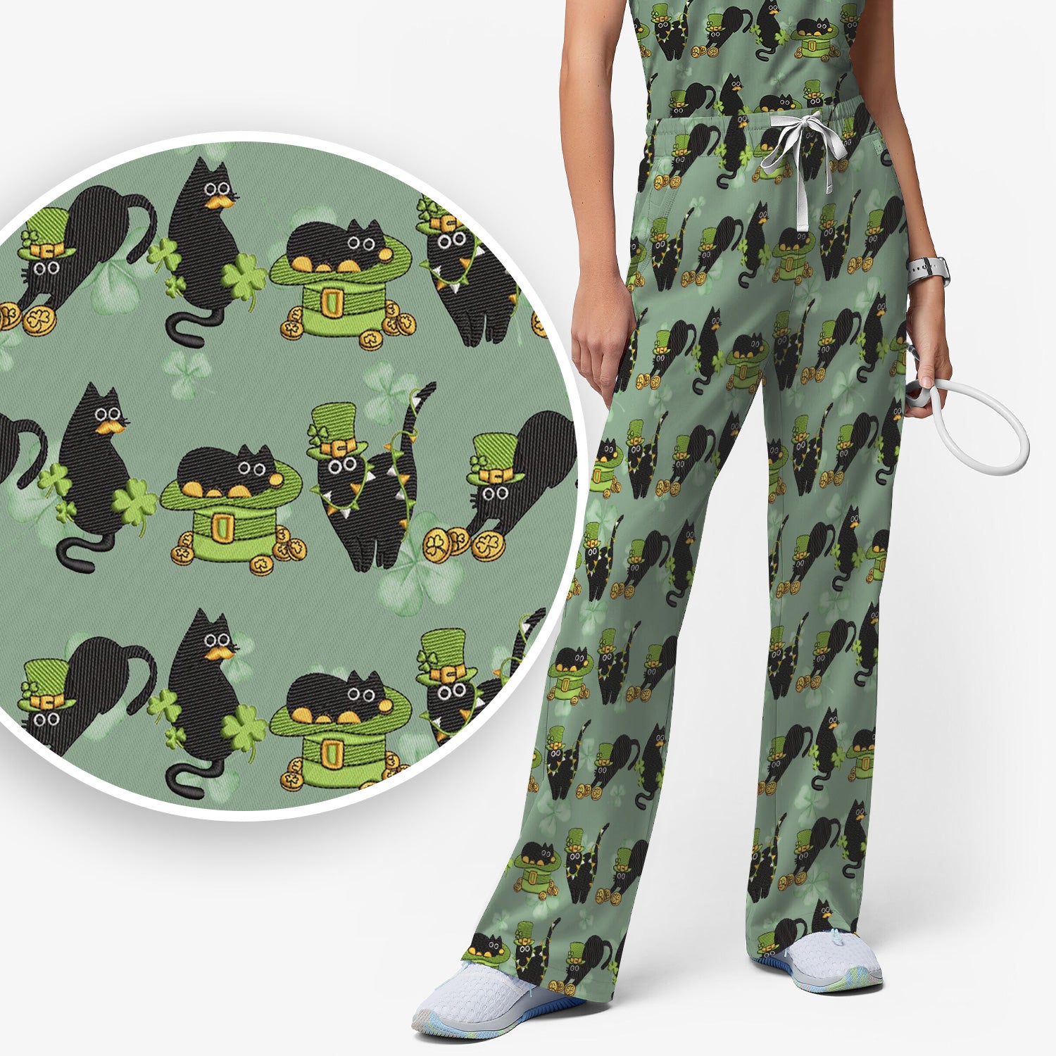 St. Patrick Black Cat Clover Print Women's Scrub Set, Breathable Med Uniform