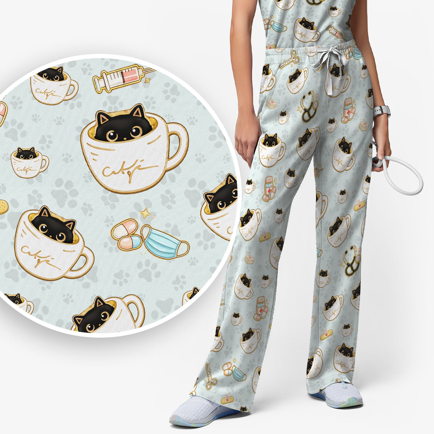 Cute Coffee Cat Medical Print Scrub Set, Scrub Pants and V Neck Top