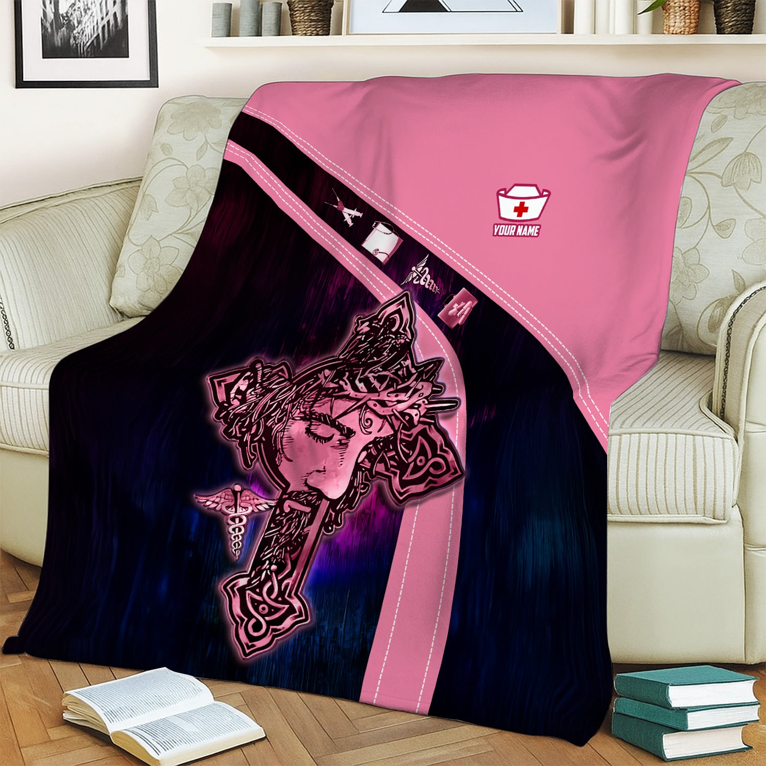 Personalized Christian Nurse Blanket - Jesus on the Cross Faith Graphic Design - Gift for RN LPN Healthcare Workers