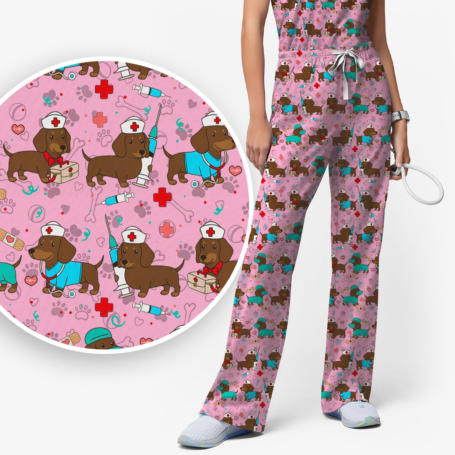 Cute Wiener Dog Dachshund Nurse Scrub Set, Funny Dachshund Dog Scrubs Shirt, Breathable Fabrics Nursing Uniform