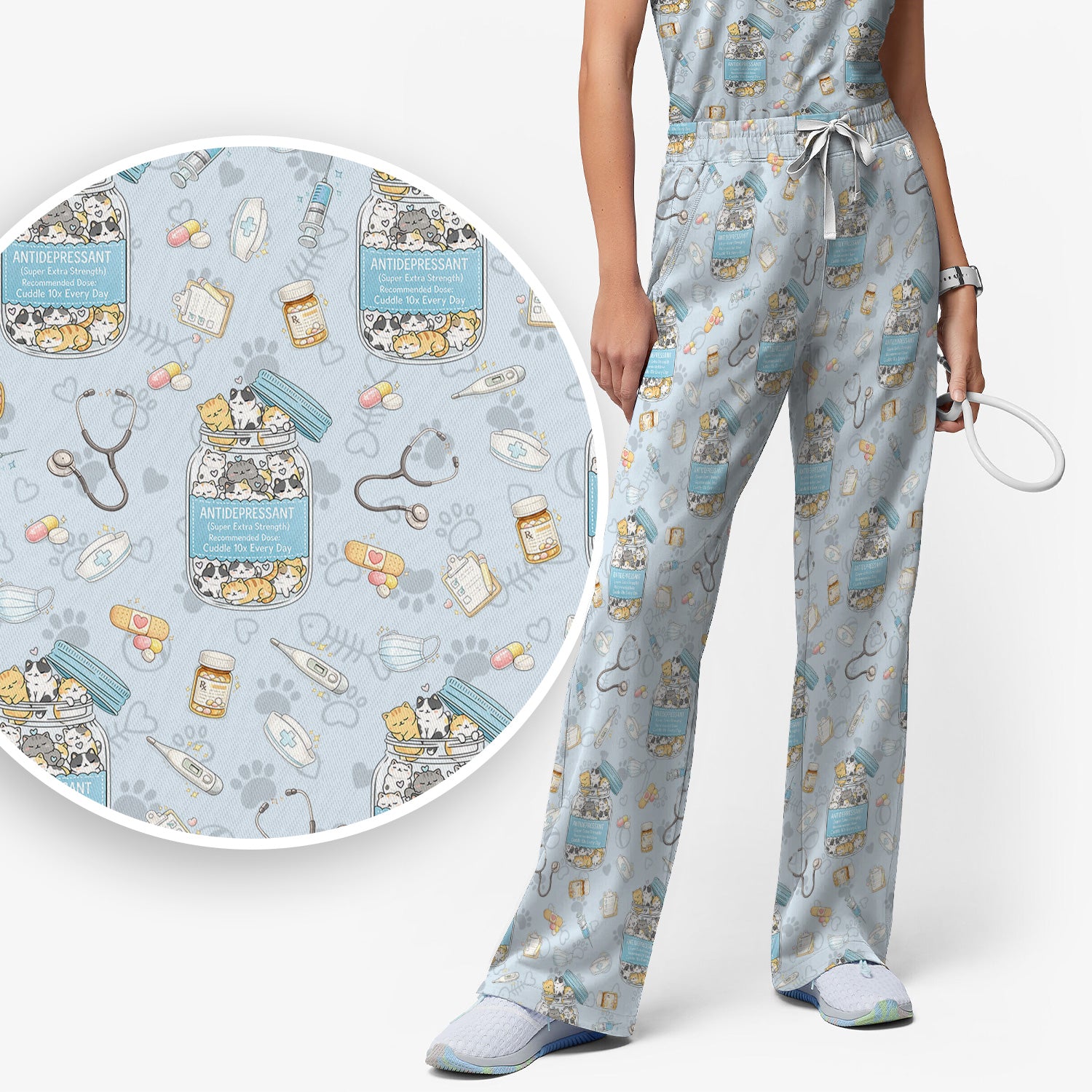 Cute Antidepressant Cat Jar Print Women's Scrub Set, Breathable Med Uniform
