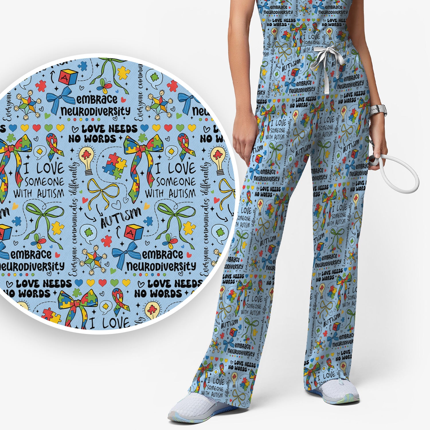 Autism Awareness Puzzle Ribbon Pattern Scrub Set, Scrub Pants and V Neck Top