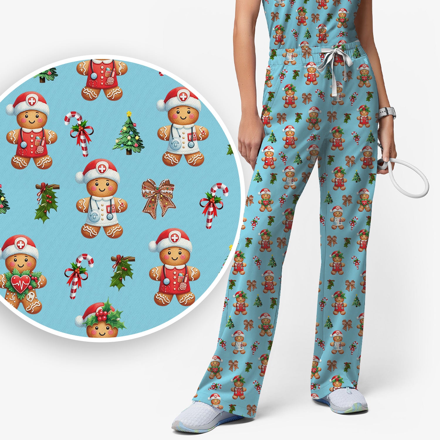 Funny Gingerbread Christmas Scrub Set - Cute Cookie with Bow Scrubs Pants and V Neck Top - Festive Holiday Gift for Women