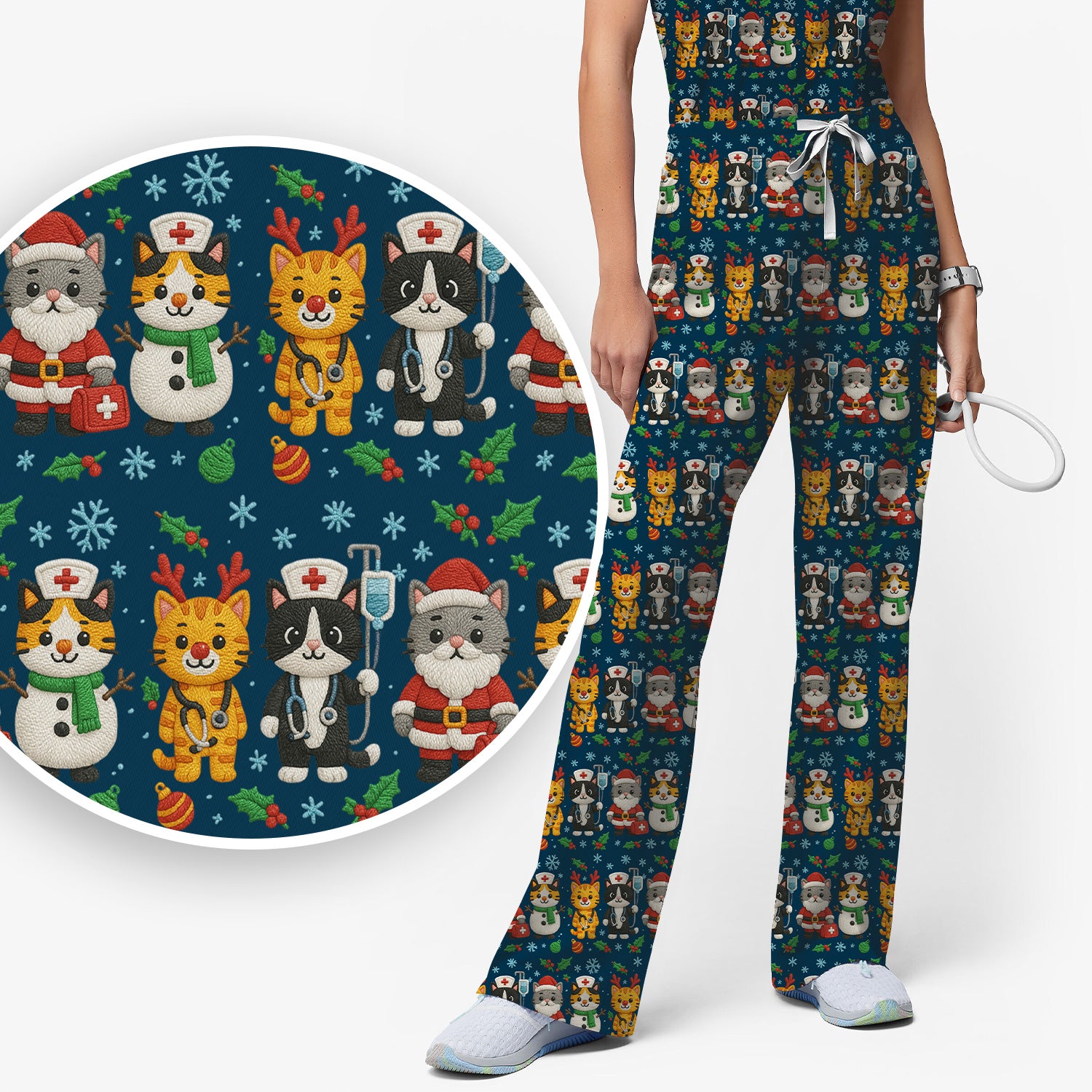 Christmas Cat Nurse Pattern Scrub Set, Cute Holiday Kitty Medical Uniform Shirt For Nursing