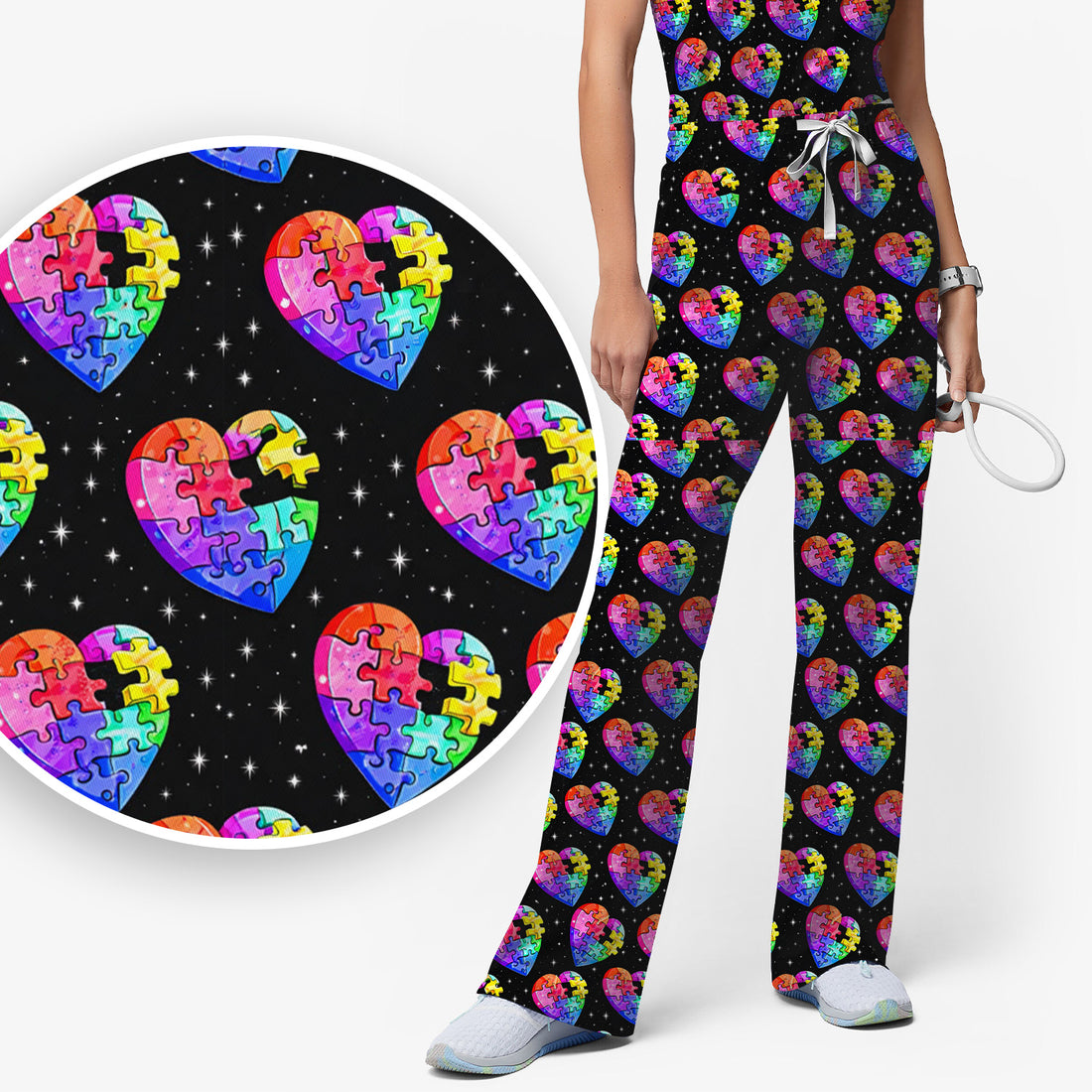 Rainbow Autism Puzzle Heart Starry Sky Print Scrub Set, Scrub Pants and V Neck Top