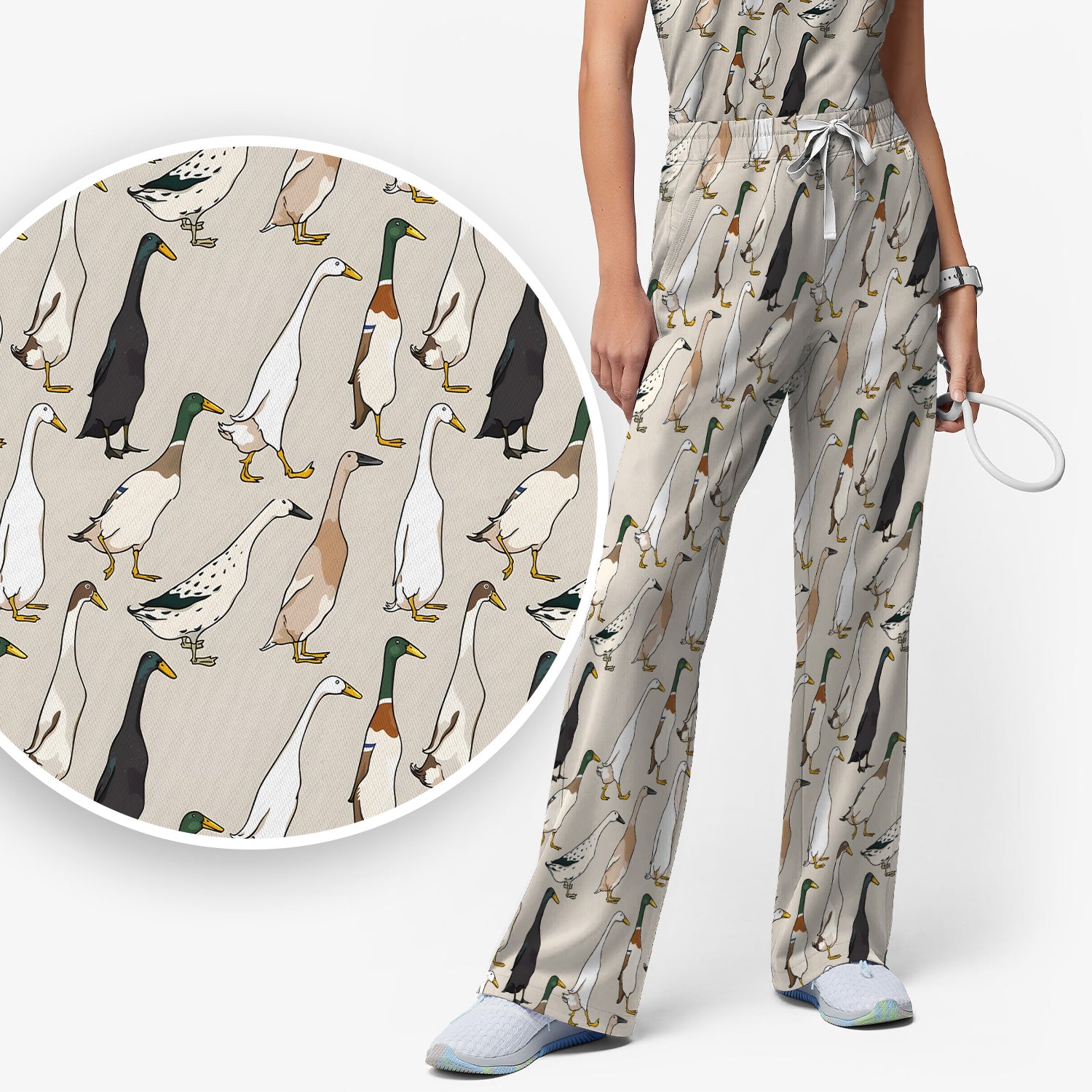 Duck Farm Animal Pattern Scrub Set, Scrub Pants and V Neck Top