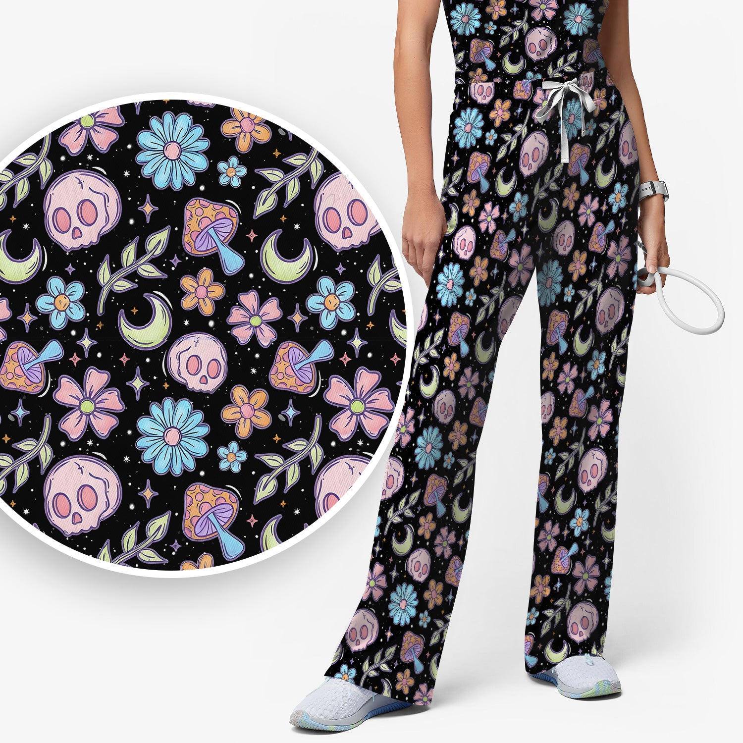 Neon Skull Mushroom Floral Scrub Set, Colorful Gothic Scrub Pants and V Neck Top