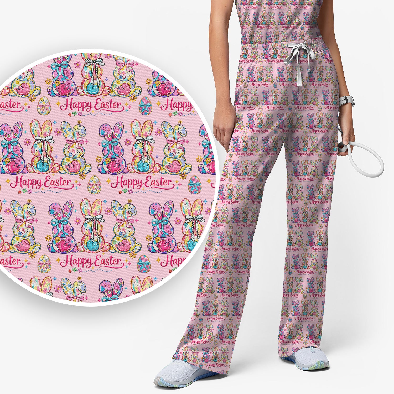 Pink Happy Easter Bunny Pattern Scrub Set, Scrub Pants and V Neck Top
