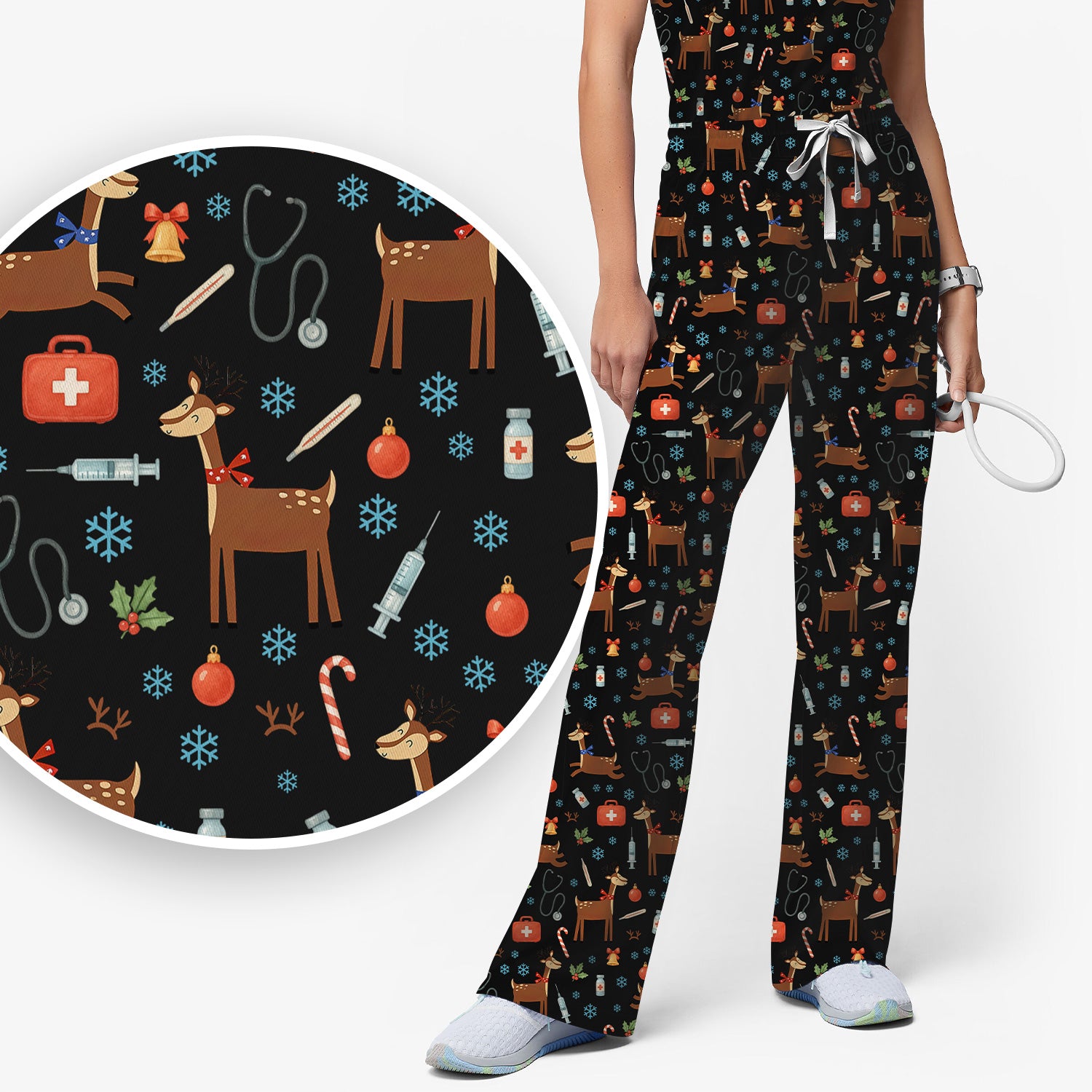 Christmas Reindeer Scrub Set for Nurses - Cute Reindeers Snowflakes Candy Canes - Comfortable Med Uniform