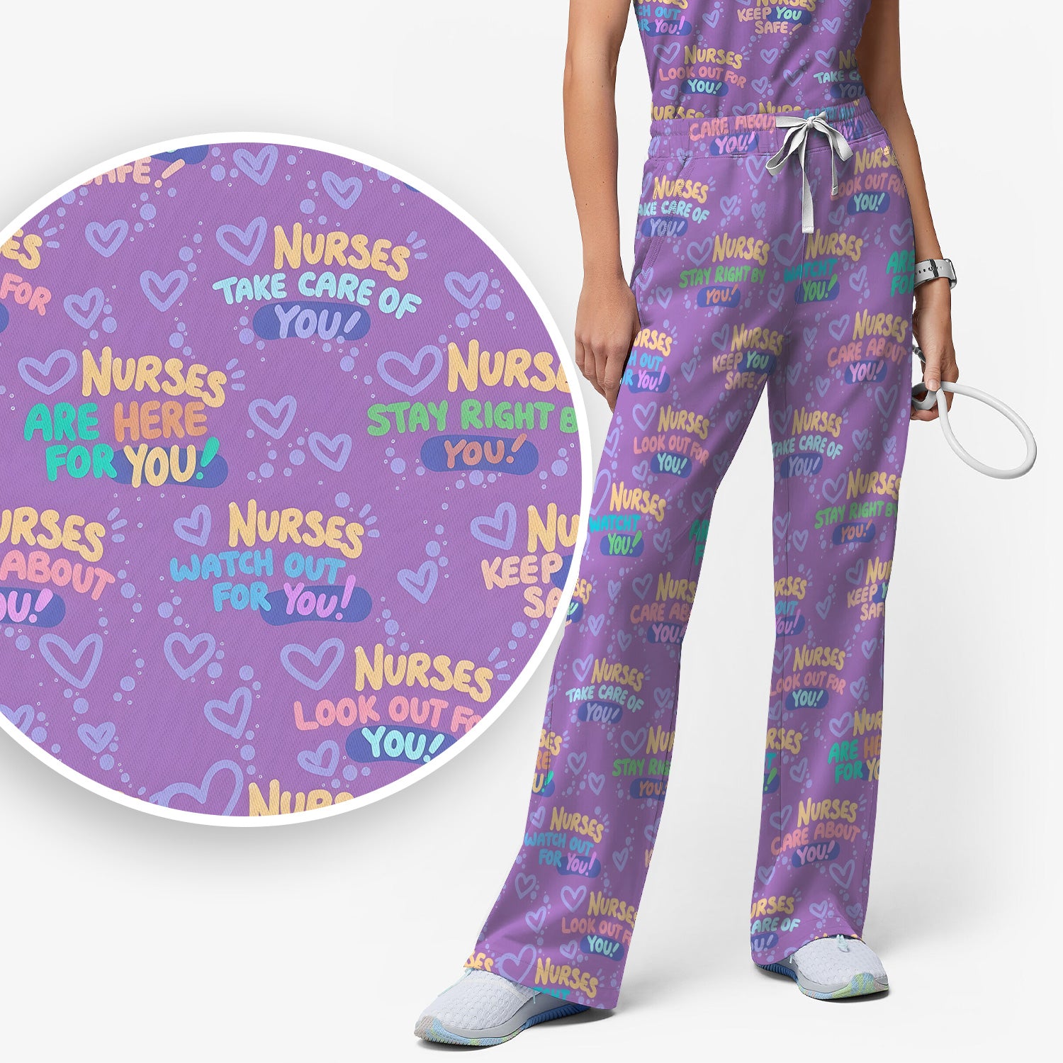 Inspirational Nurse Quote Care Message Pattern Scrub Set, Scrub Pants and V Neck Top