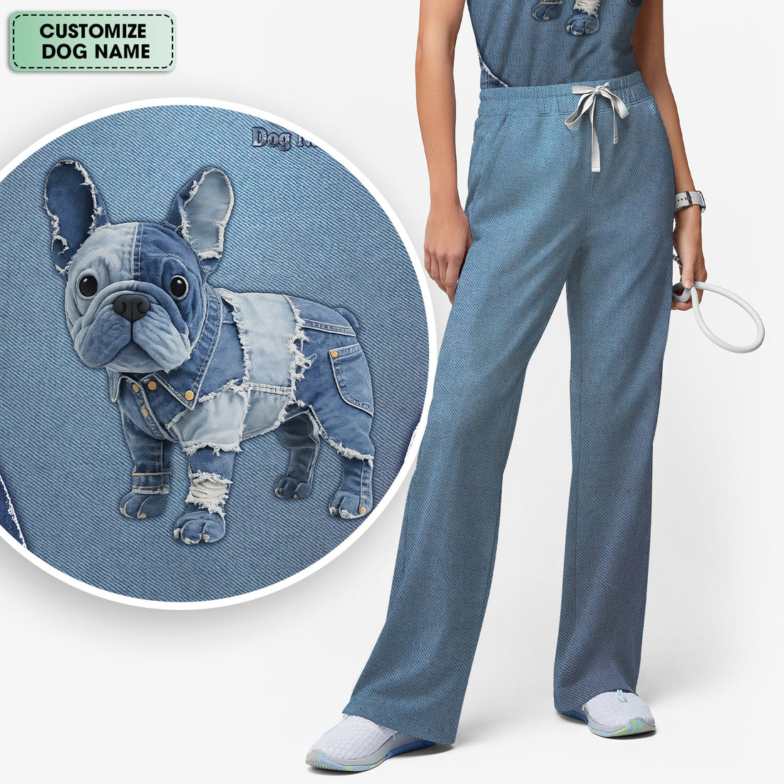 Custom Dog Name Denim French Bulldog Scrub Set ,Scrub Pants and V Neck Top