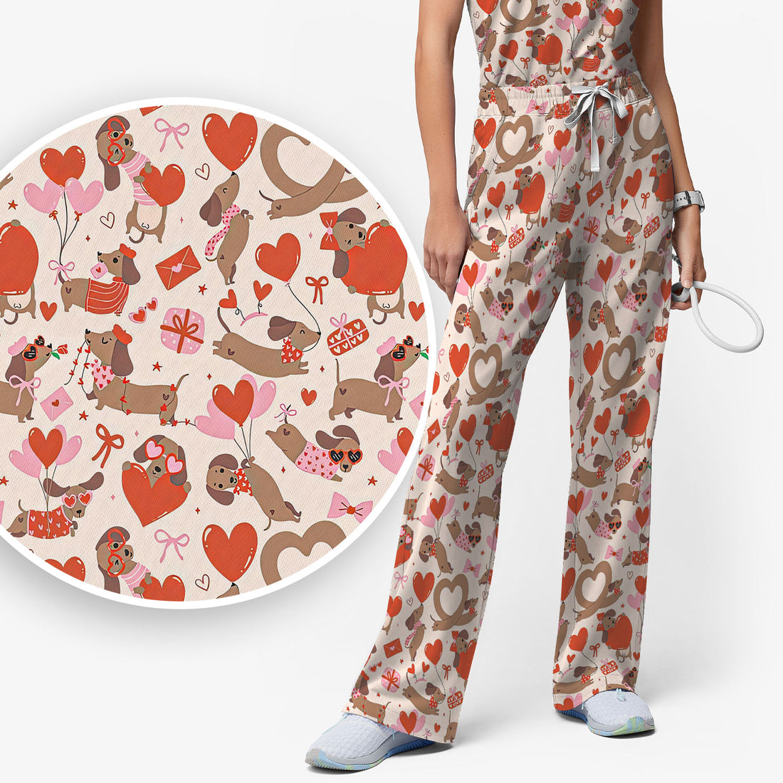 Cute Dachshund Valentine Medical Pattern Scrub Set, Scrub Pants and V Neck Top