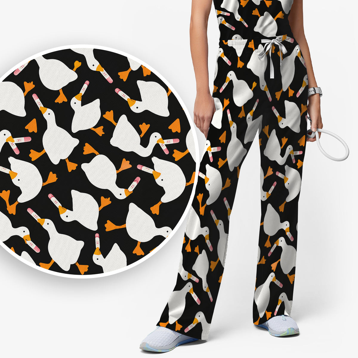 Funny Geese Holding Pregnancy Test Scrub Set, Scrub Pants and V Neck Top