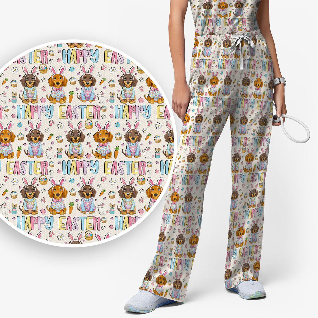 Happy Easter Dachshund Puppy Pattern Scrub Set, Breathable Med Uniform
