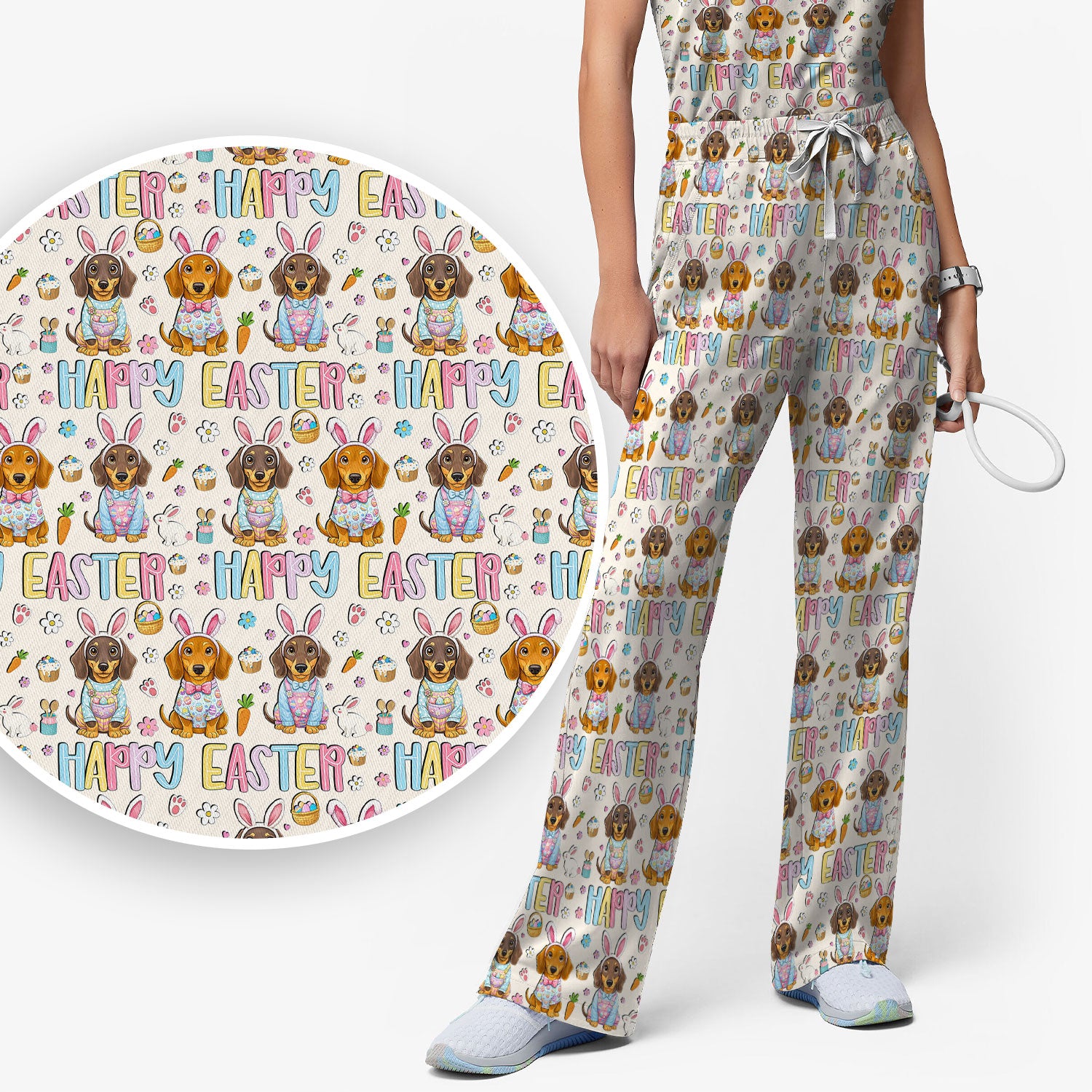 Happy Easter Dachshund Puppy Pattern Scrub Set, Breathable Med Uniform