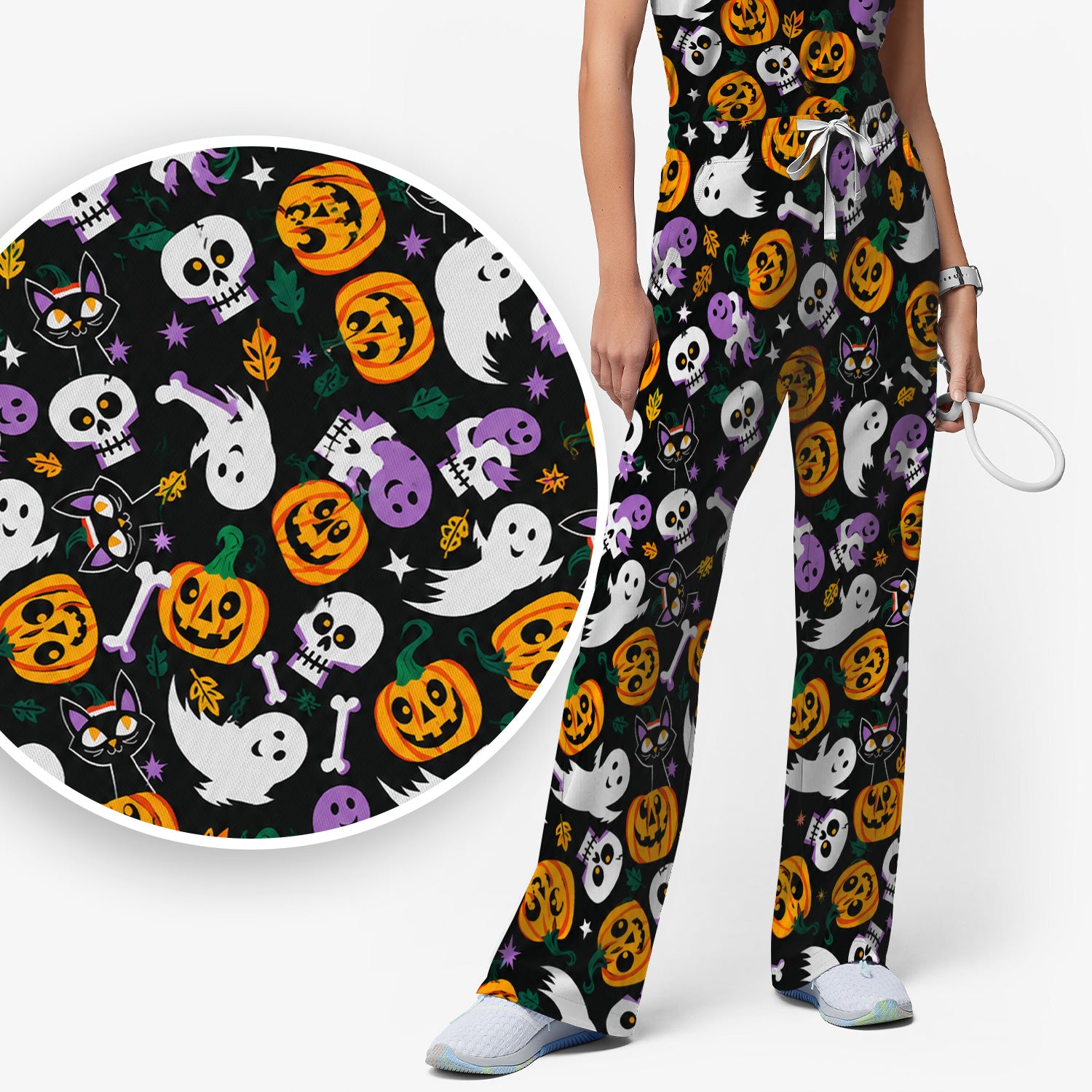 Spooky Pumpkin Ghost Print Scrub Set, Scrub Pants and V Neck Top
