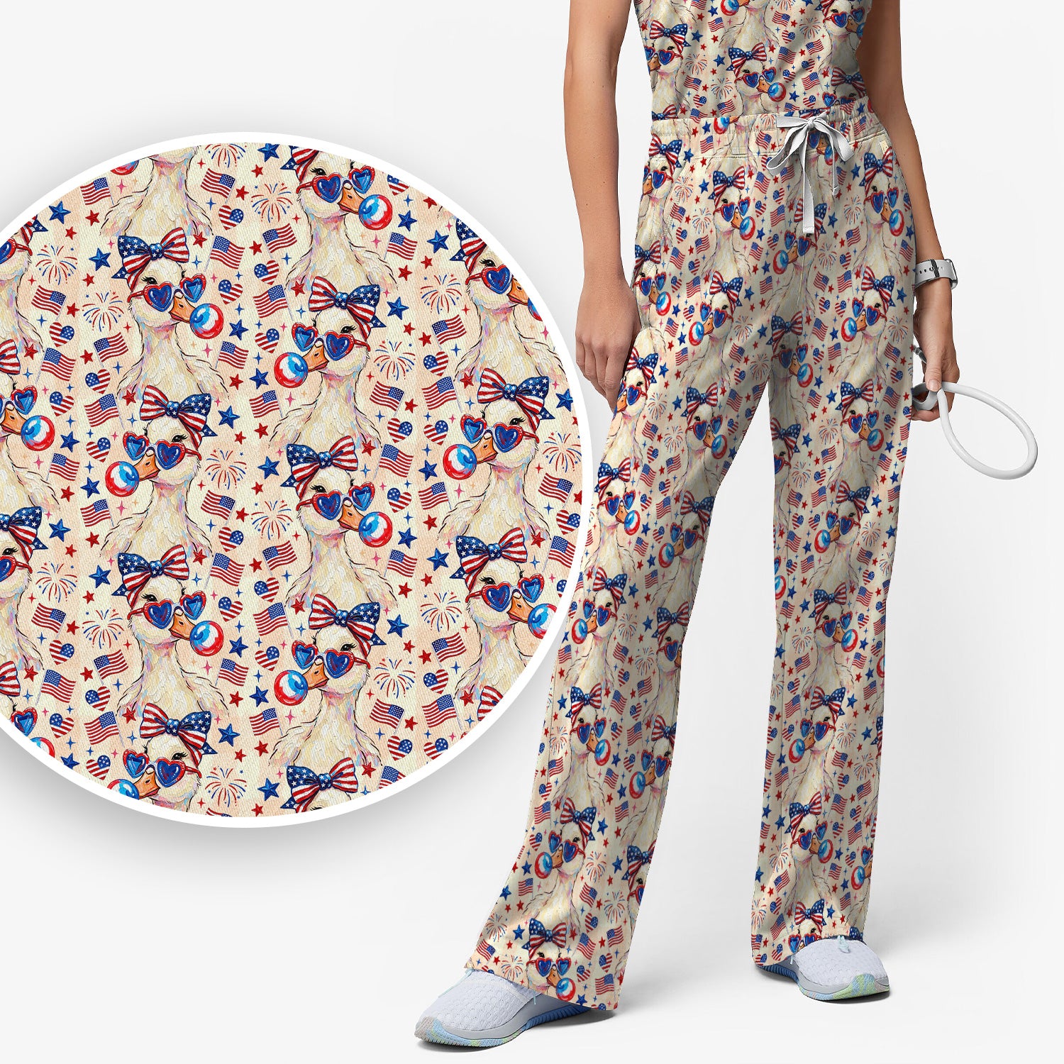 USA Flag 250th Patriotic Duck Sunglasses Pattern Scrub Set, Scrub Pants and V Neck Top