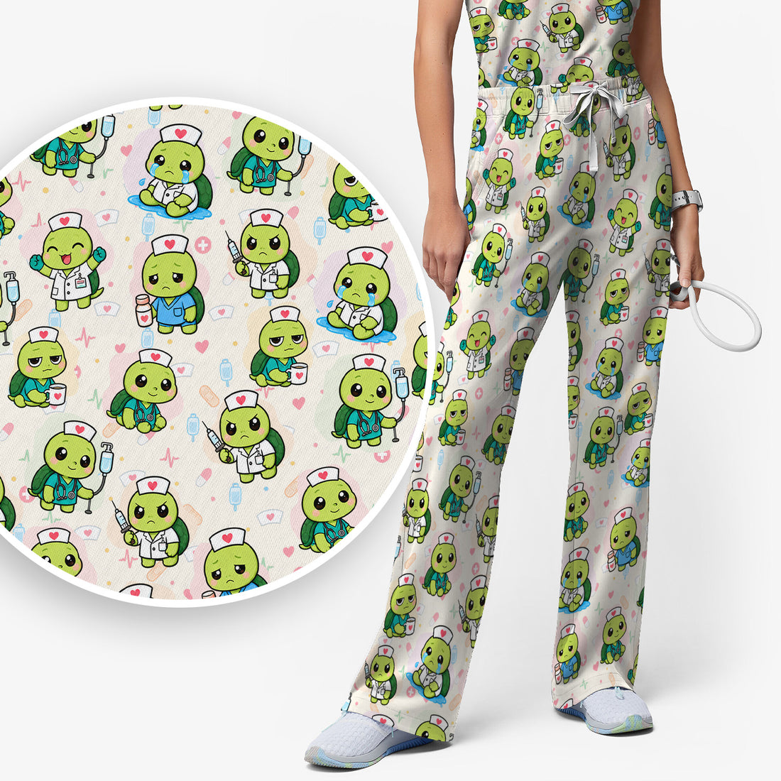 Cute Nurse Turtle Medical Icons Scrub Set, Scrub Pants and V Neck Top