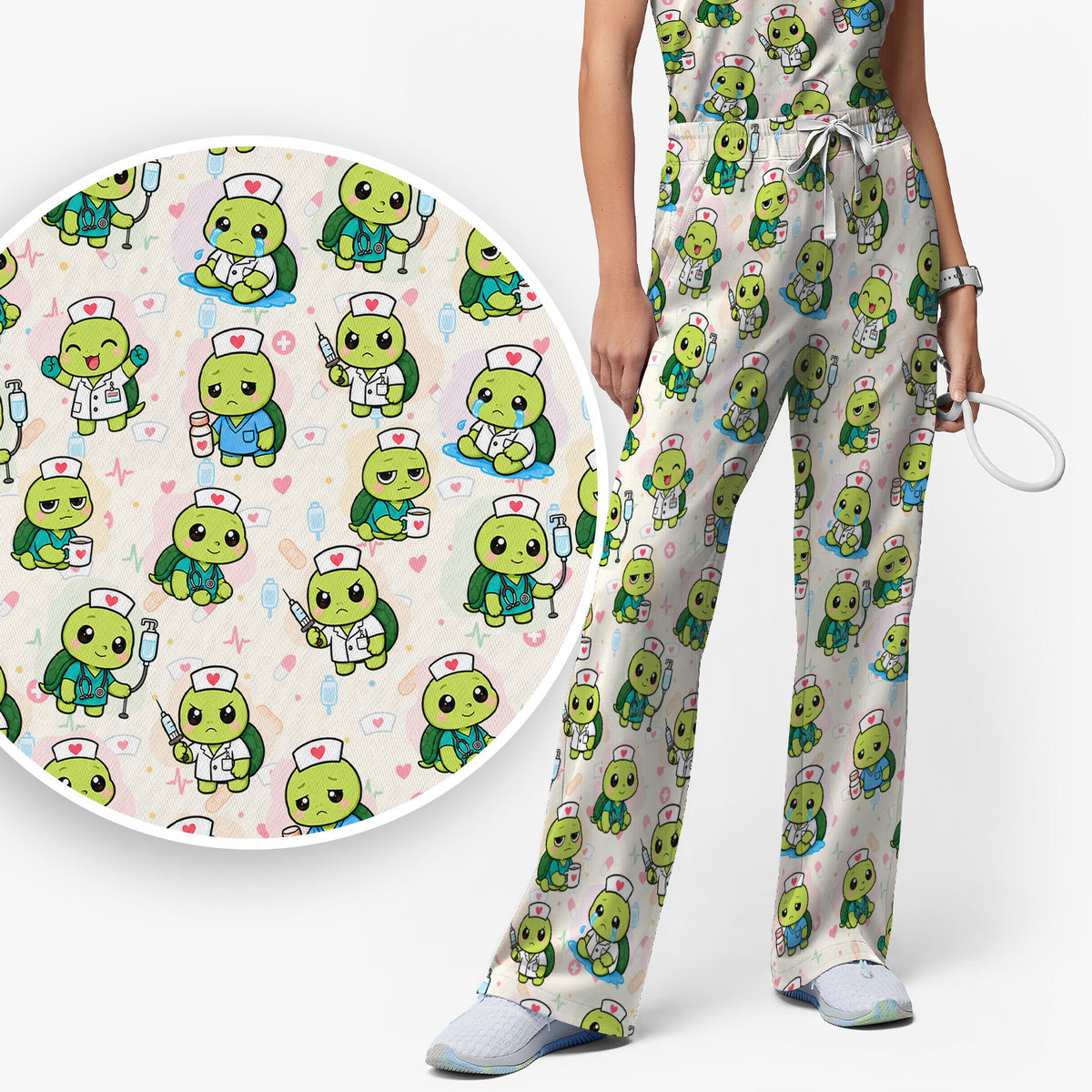 Cute Nurse Turtle Medical Icons Scrub Set, Scrub Pants and V Neck Top