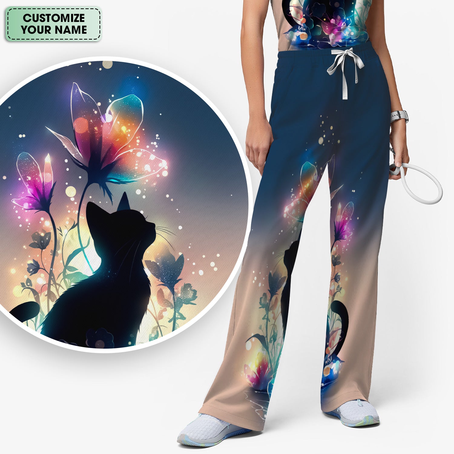 Custom Name Cat Floral Glow Pattern Scrub Set, Women's Scrub Sets
