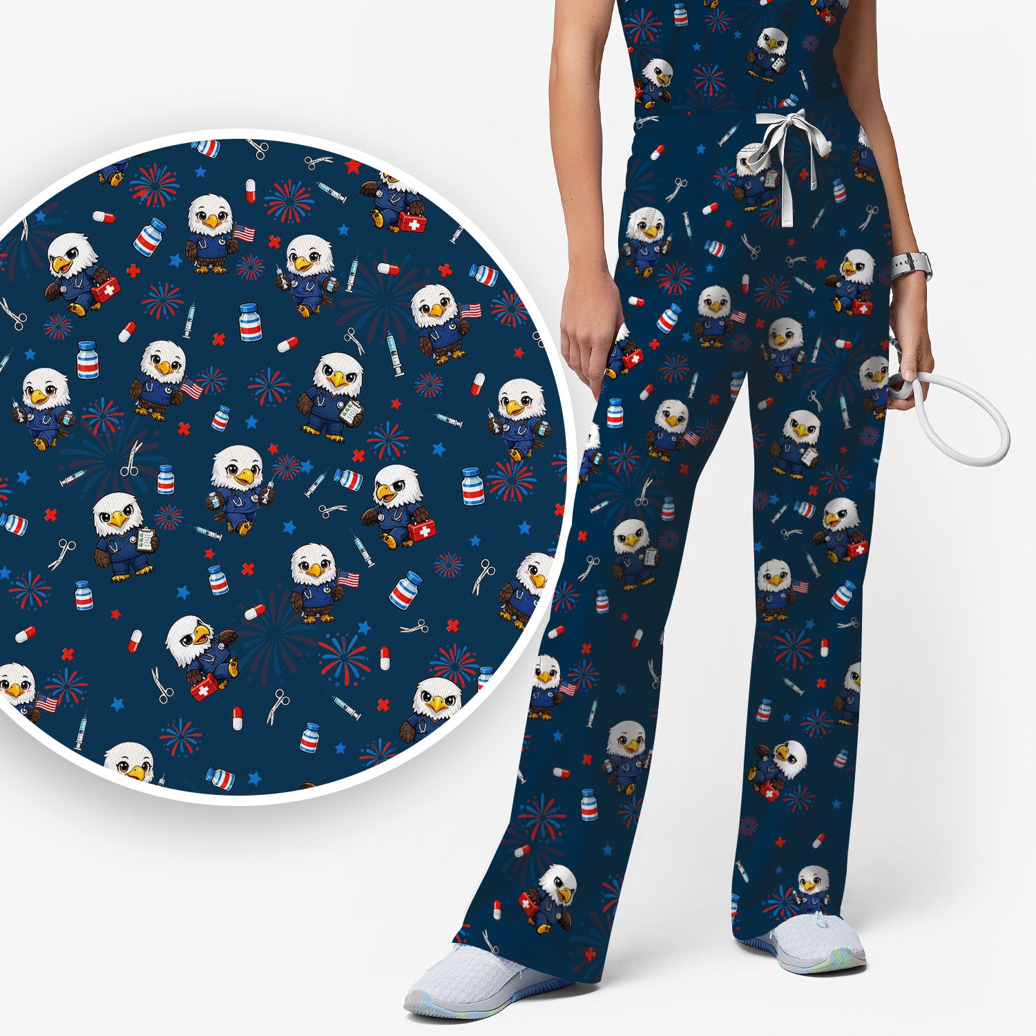 Patriotic Nurse Eagle Fireworks Medical Pattern Scrub Set, Women's Scrub Sets