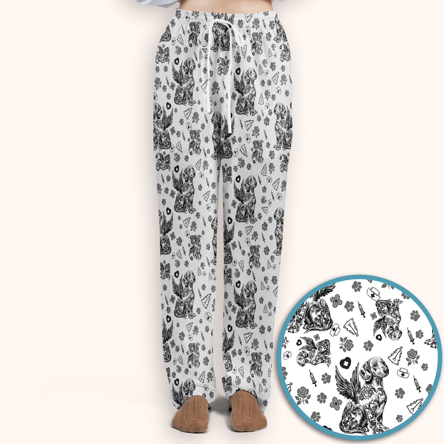 Toile de Jouy Dachshund Angel Scrub Set - Blue Vintage Wiener Dog Scrubs Pants and V Neck Top - Memorial Puppy Gift