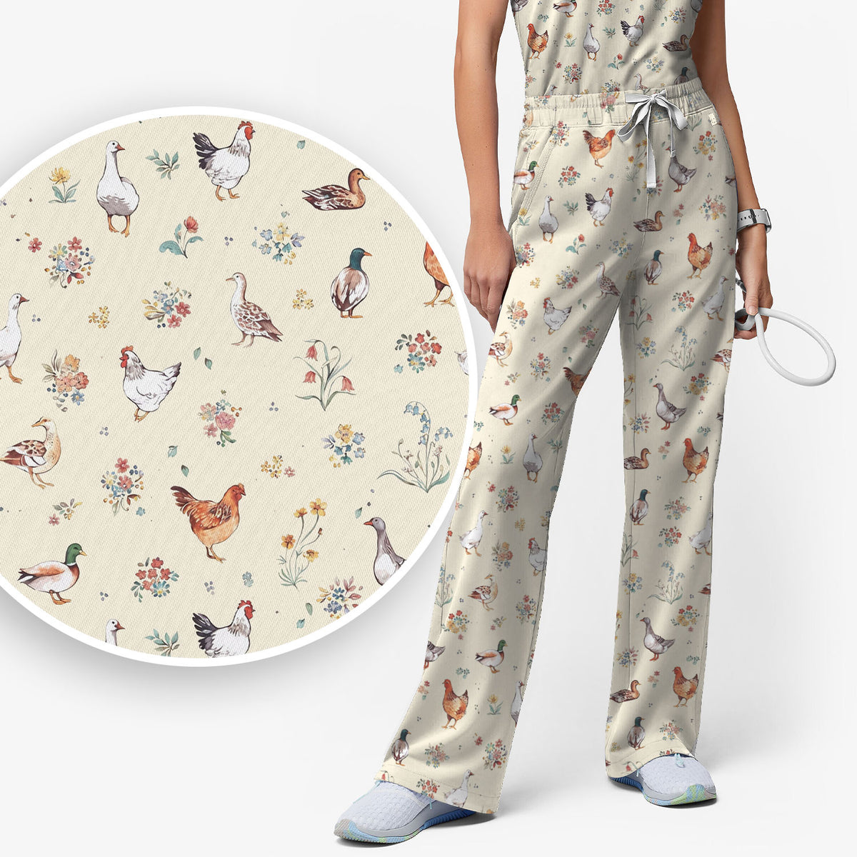 Farm Chicken Duck Floral Pattern Scrubs Sets, Scrub Pants and V Neck Top