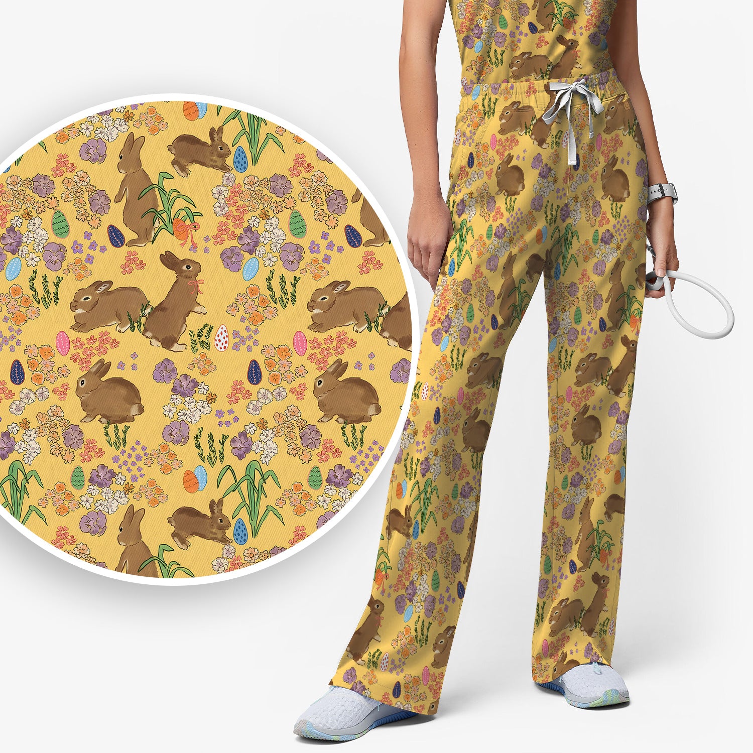 Cute Easter Bunny Pattern Scrub Set, Scrub Pants and V Neck Top