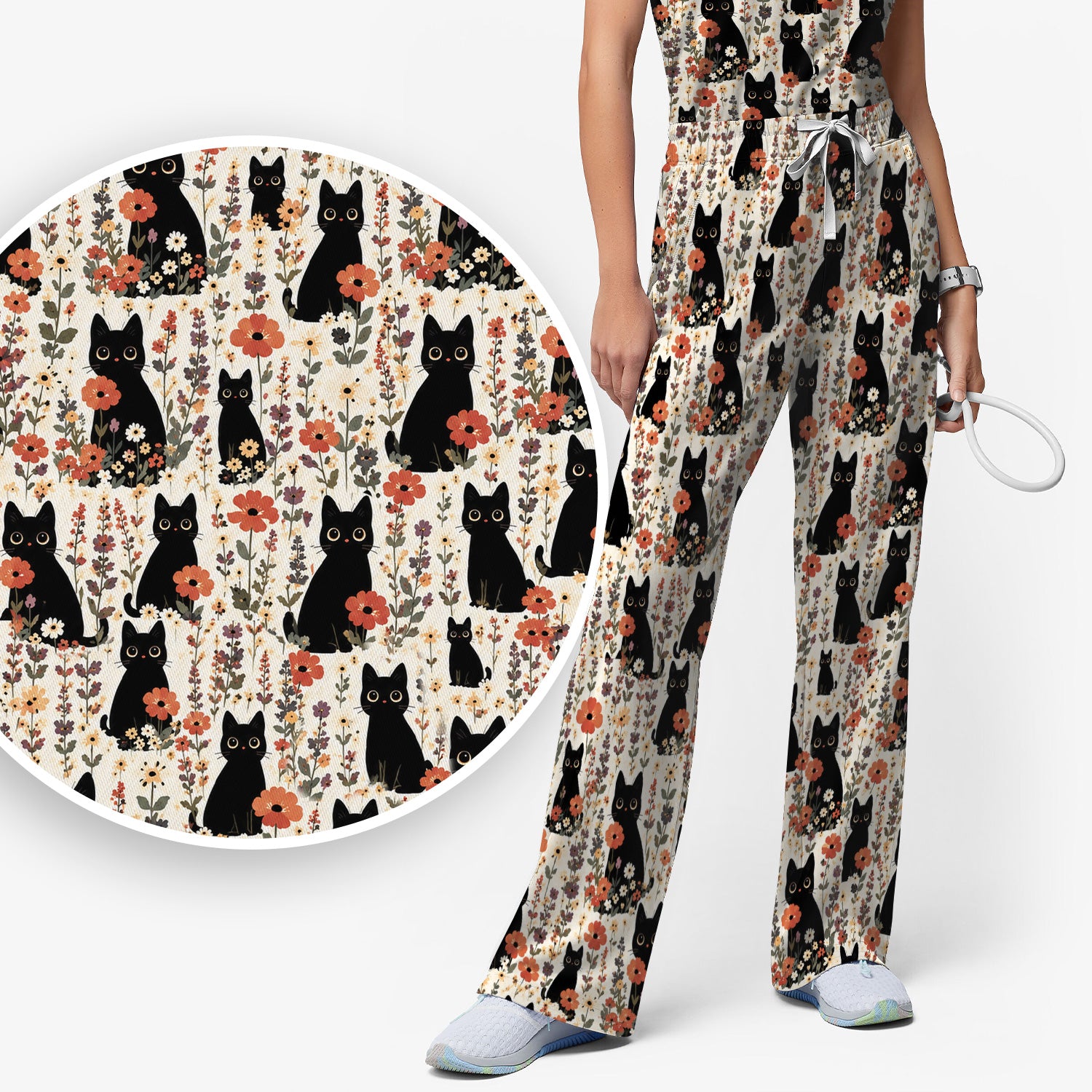 Cute Black Cat Wildflower Pattern Scrub Set, Scrub Pants and V Neck Top
