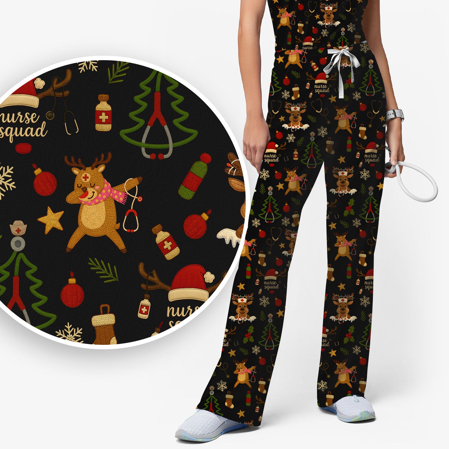 Christmas Reindeer Nurse Scrub Set for Women - Cute Holiday Pattern Scrub Top and Pants - Funny Festive Nursing Outfit Gift for RN LPN CNA