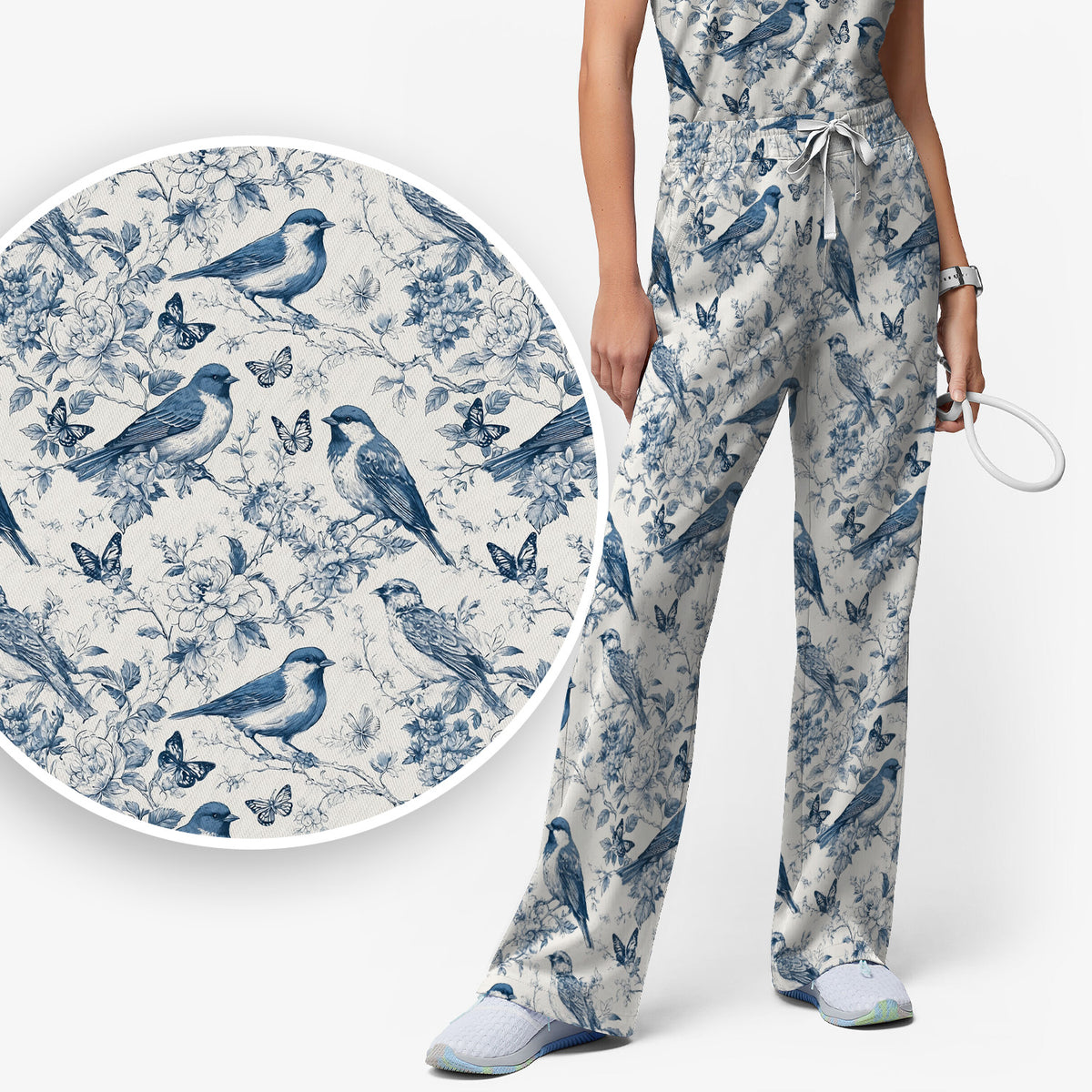 Blue Toile Songbird With Butterfly Print Scrub Set, Scrub Pants and V Neck Top