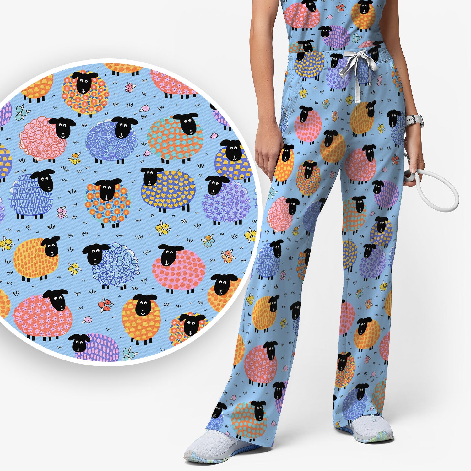 Funny Colorful Sheep Pattern Scrub Set, Scrub Pants and V Neck Top