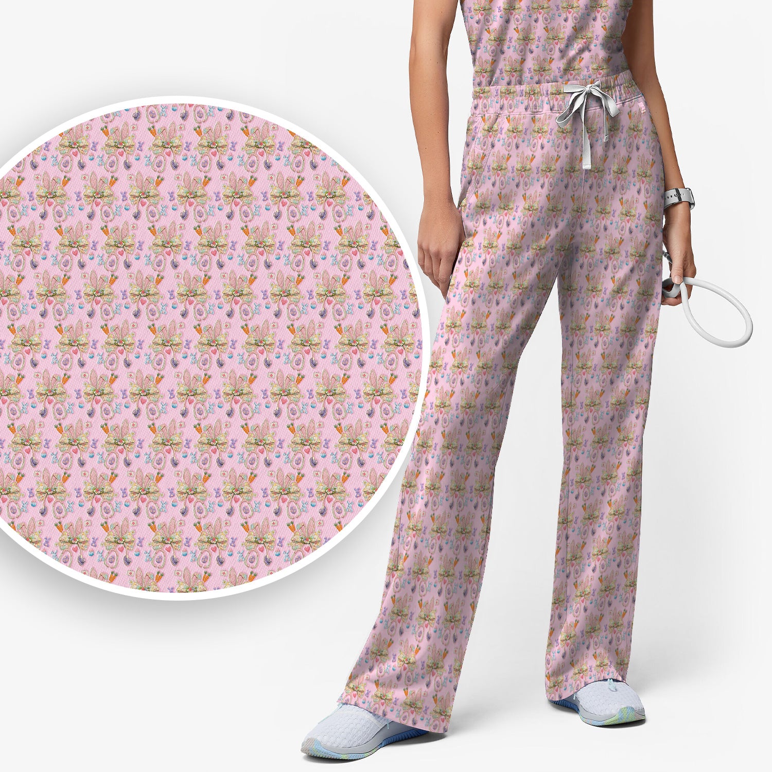 Easter Bunny Stethoscope Pastel Print Scrub Set, Scrub Pants and V Neck Top