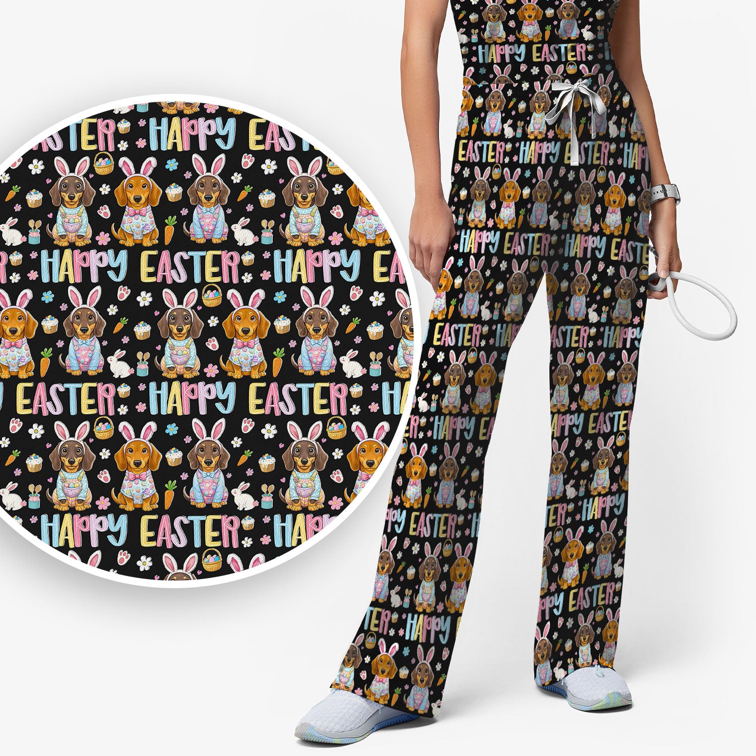 Happy Easter Dachshund Puppy Pattern Scrub Set, Breathable Med Uniform