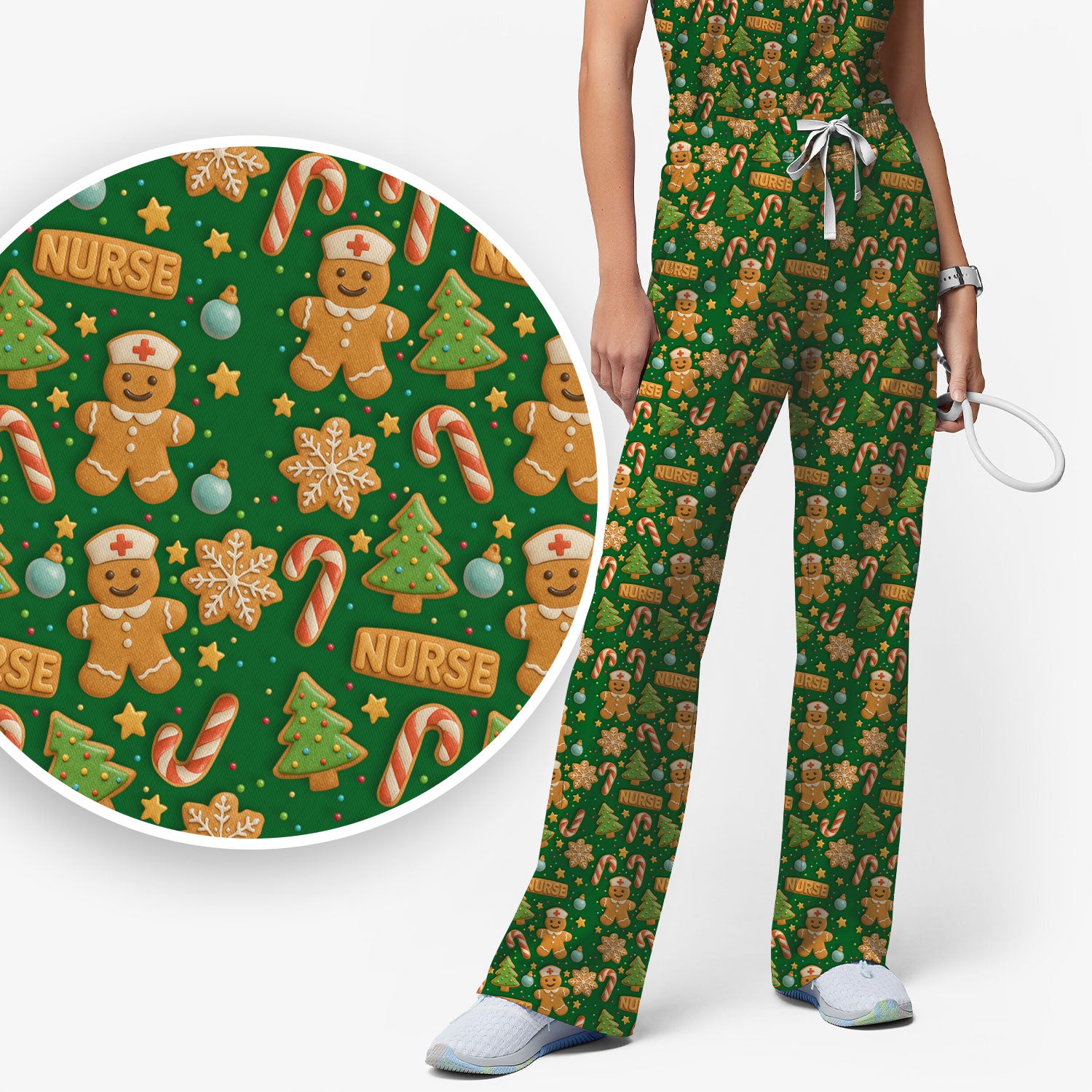 Cute Gingerbread Christmas Scrubs for Women - Holiday Cookie Pattern Scrub Top & Pants - Festive Christmas Scrubs with Charming Design