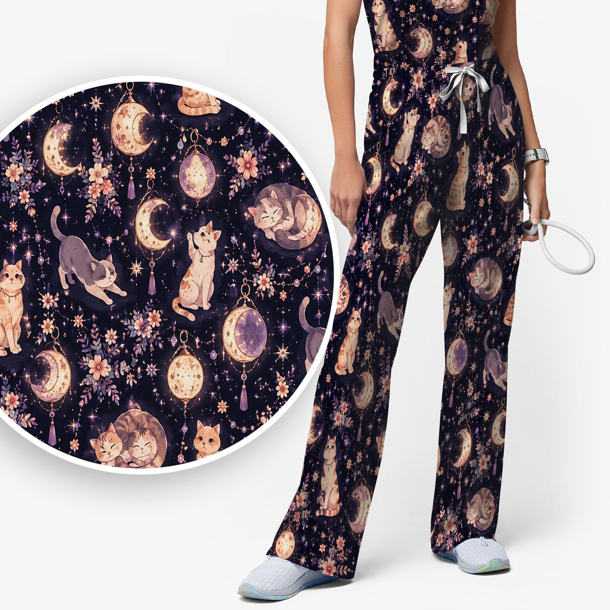 Celestial Cat Pattern Scrub Set, Scrub Pants and V Neck Top
