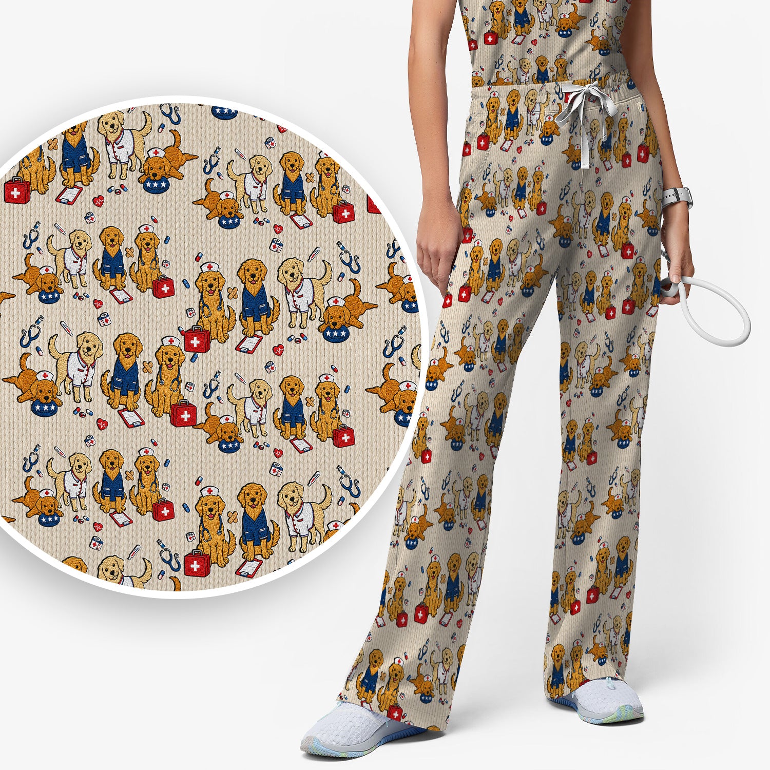 Golden Retriever Nurse Dog Pattern Scrub Top, Breathable Fabrics Nursing Uniform Scrub Set, Scrub Pants and V Neck Top