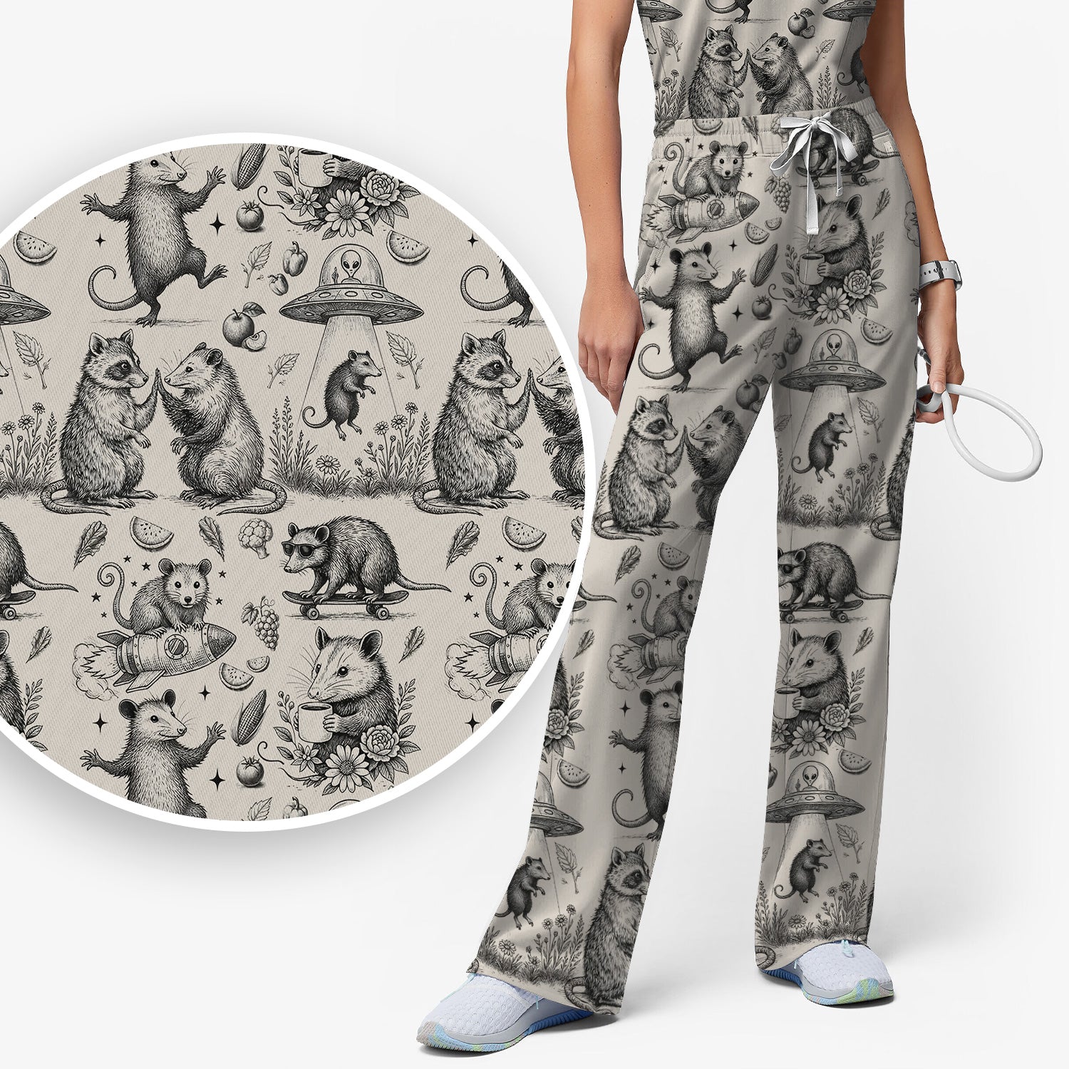 Funny Nurse Vintage Possum Raccoon High Five UFO Pattern Scrub Set, Scrub Pants and V Neck Top