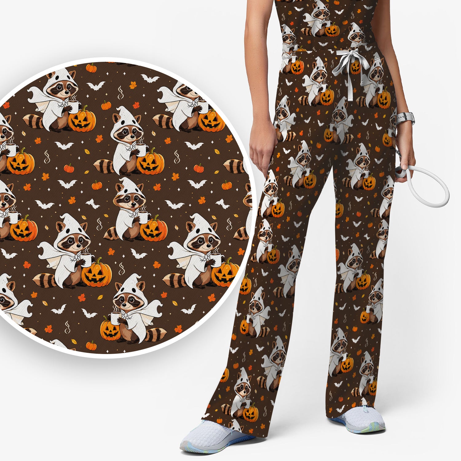 Halloween Ghost Raccoon Pumpkin Scrub Set, Scrub Pants and V Neck Top