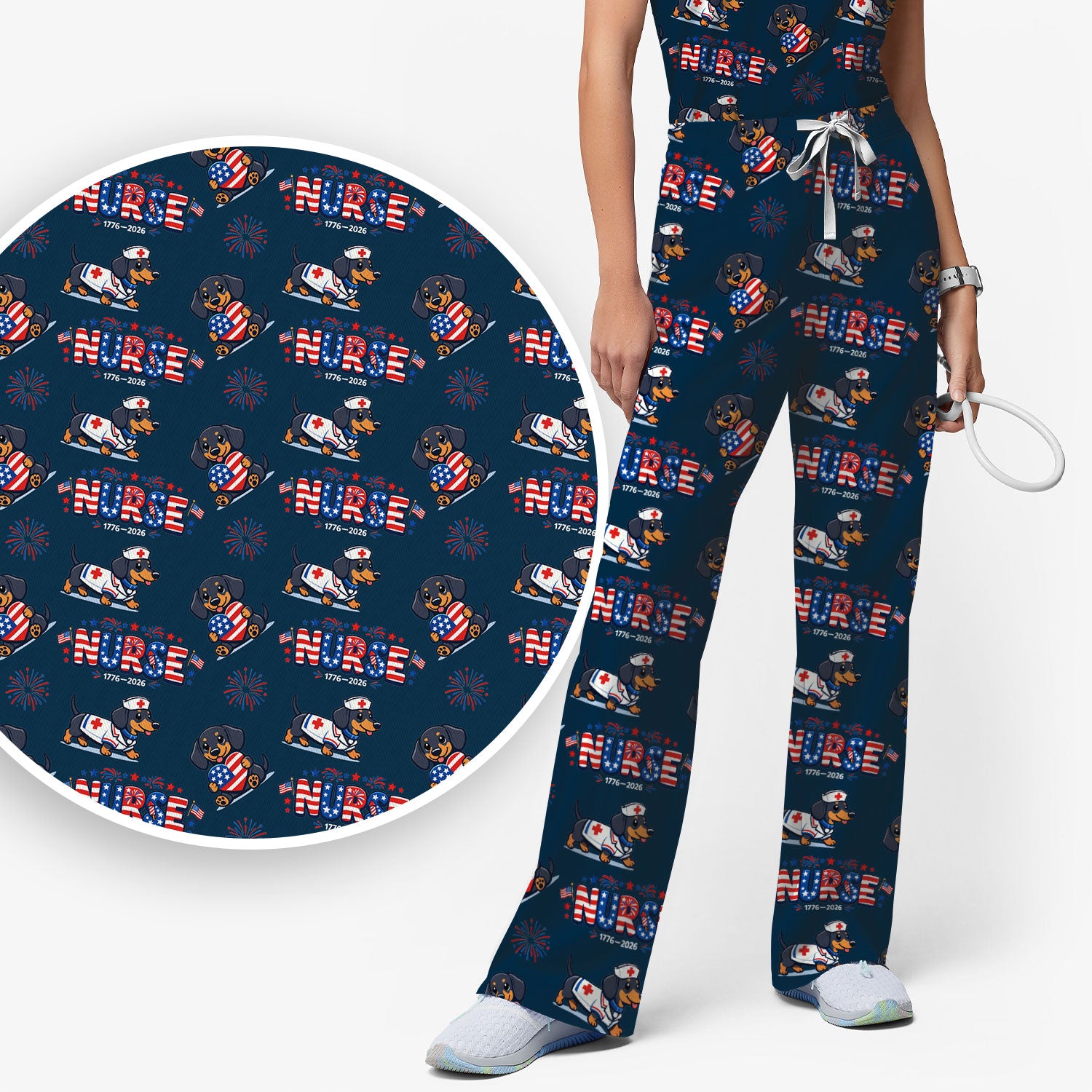Proud Nurse Patriotic Dachshund Medical Firework Pattern Scrub Set, Nurse Uniform Scrubs Set
