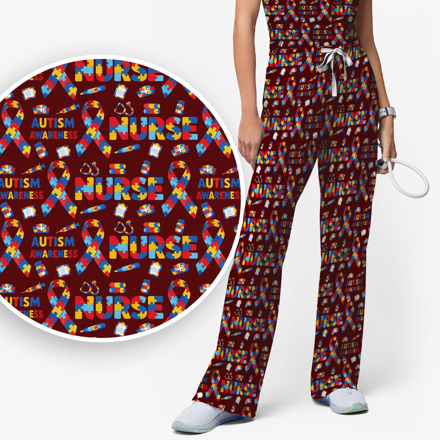 Autism Awareness Nurse Puzzle Ribbon Print Sets,  Breathable Med Uniform
