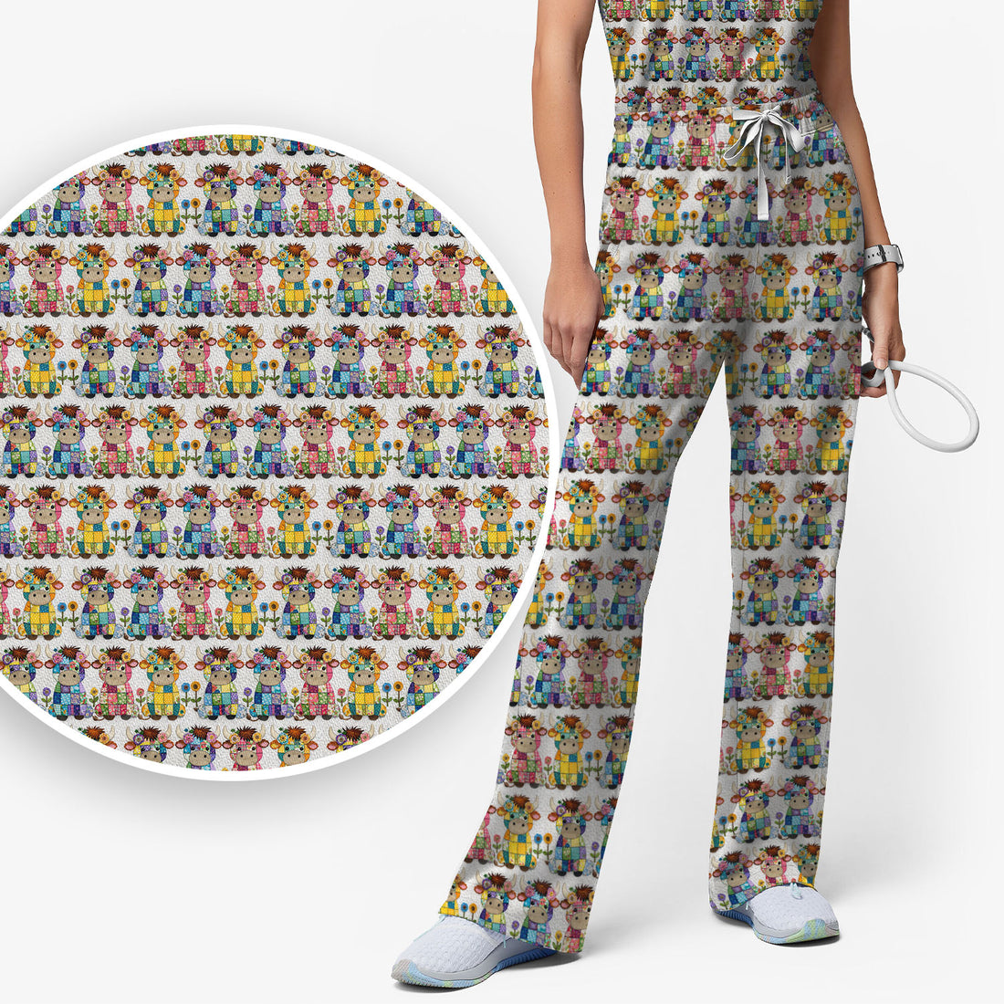 Cute Patchwork Cow With Flowers Pattern Scrubs Sets, Breathable Med Uniform
