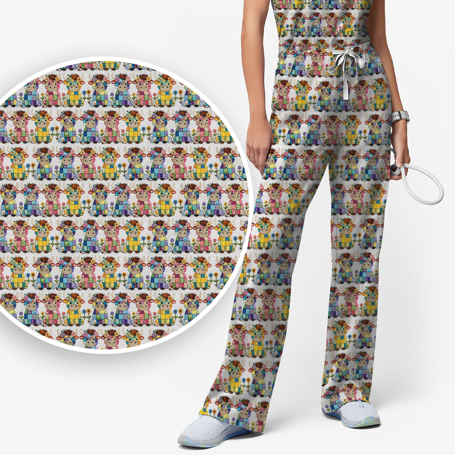Cute Patchwork Cow With Flowers Pattern Scrubs Sets, Breathable Med Uniform