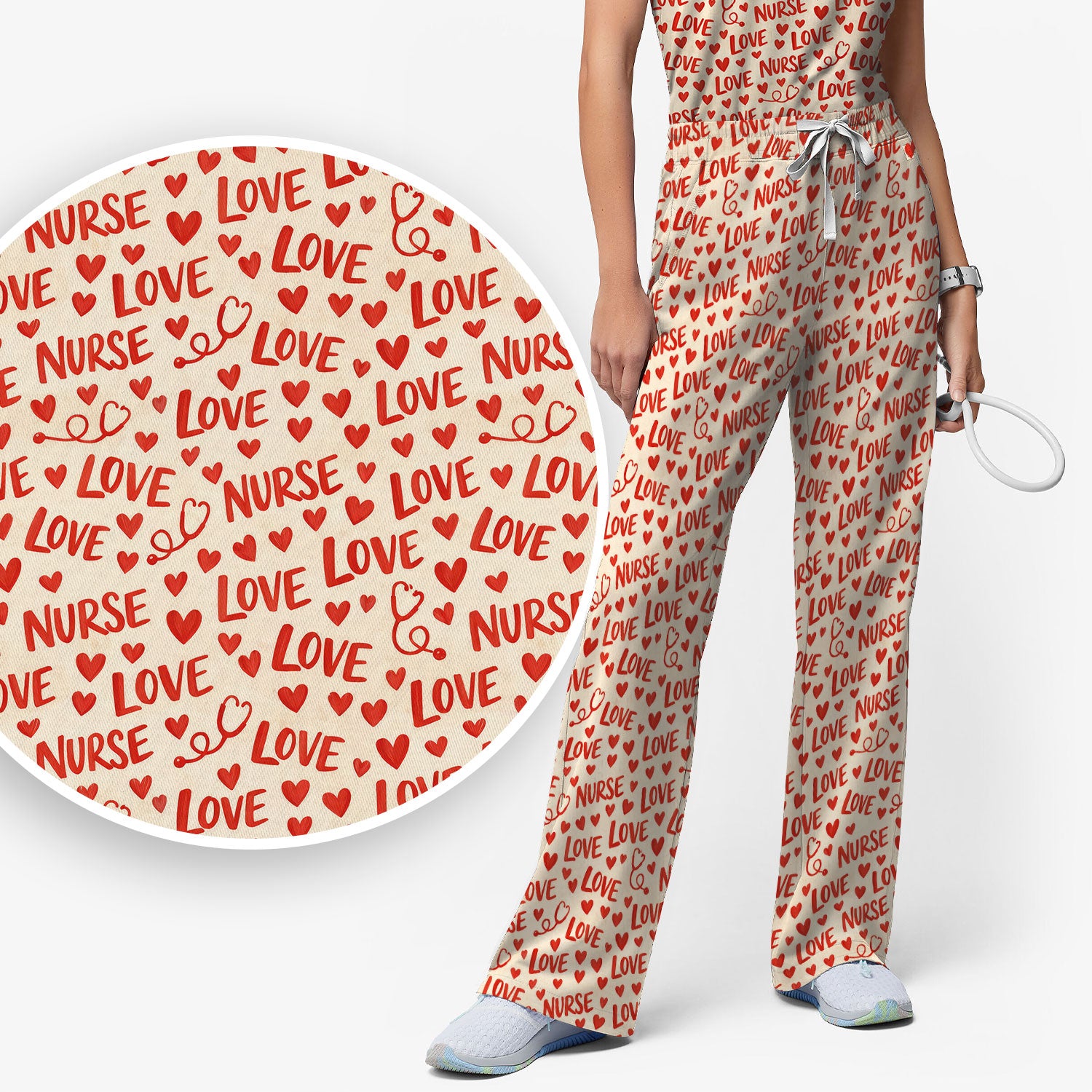 Valentine Pattern Scrub Set, Love Heart Medical Nurse Scrub Shirt, Breathable Fabrics Nursing Uniform