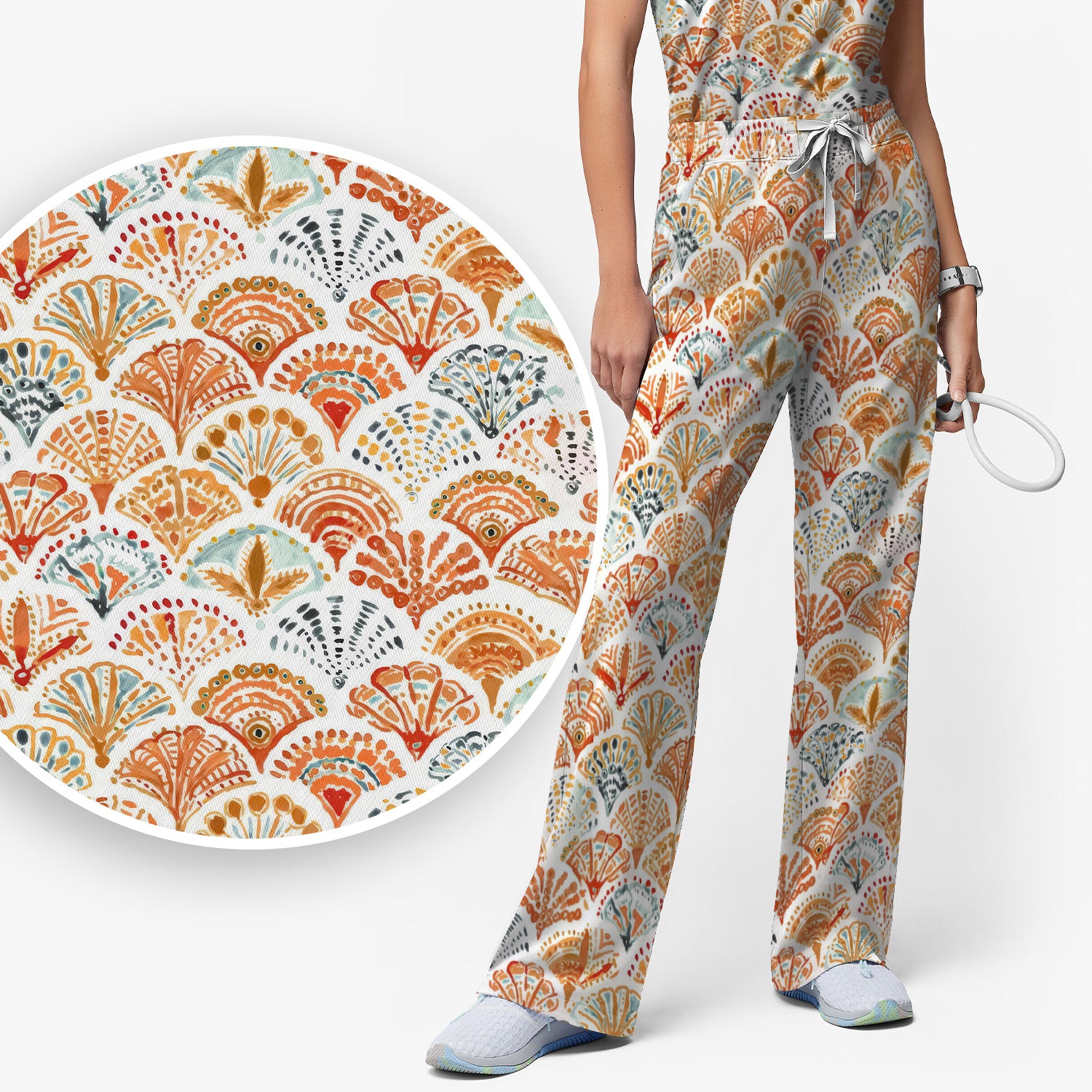 Cute Boho Fan Pattern Scrub Set, Women's Scrub Sets